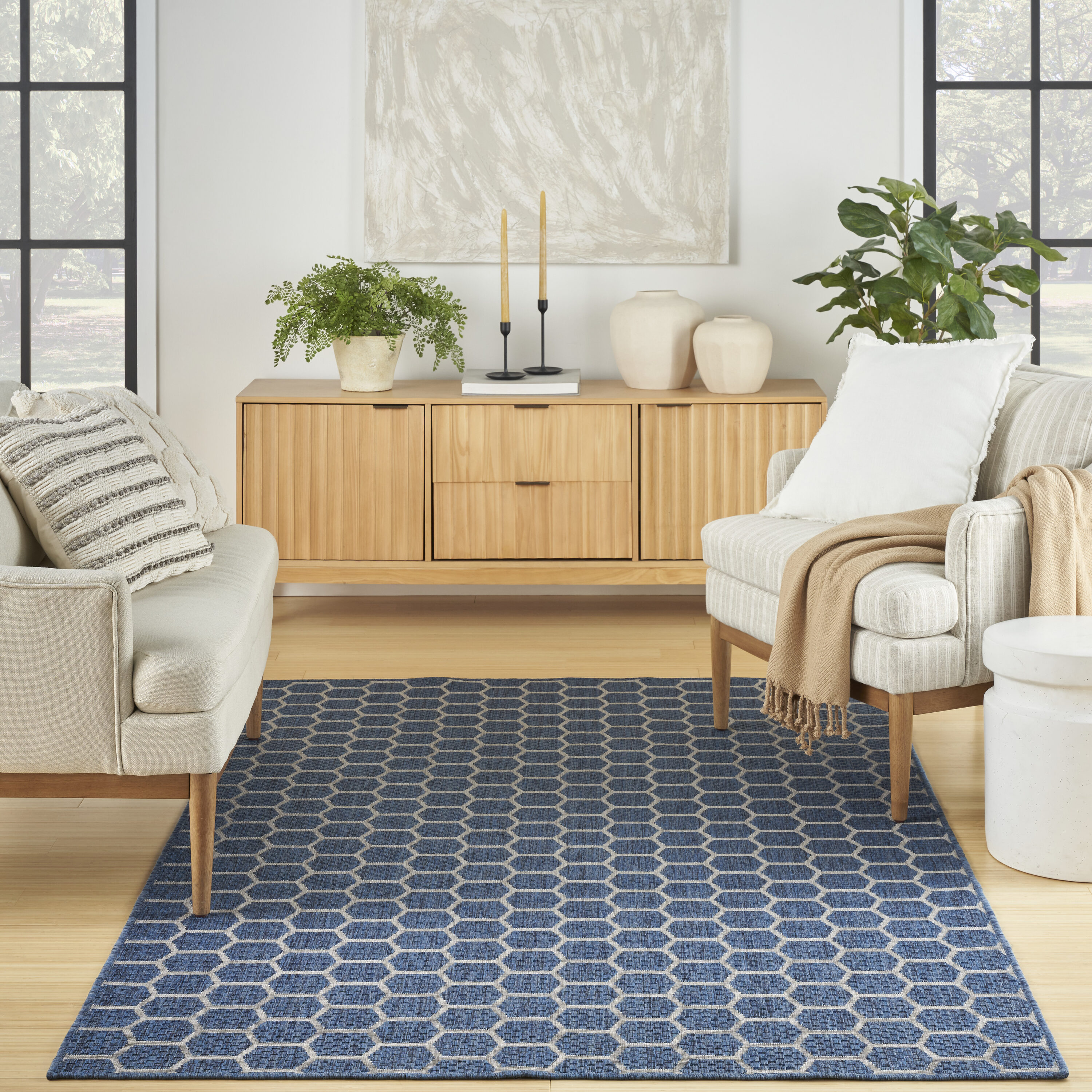 Nourison Home 099446974051 6 x 9 (ft) Polyester/Polypropylene Blue Rectangular Indoor/Outdoor Geometric Area rug