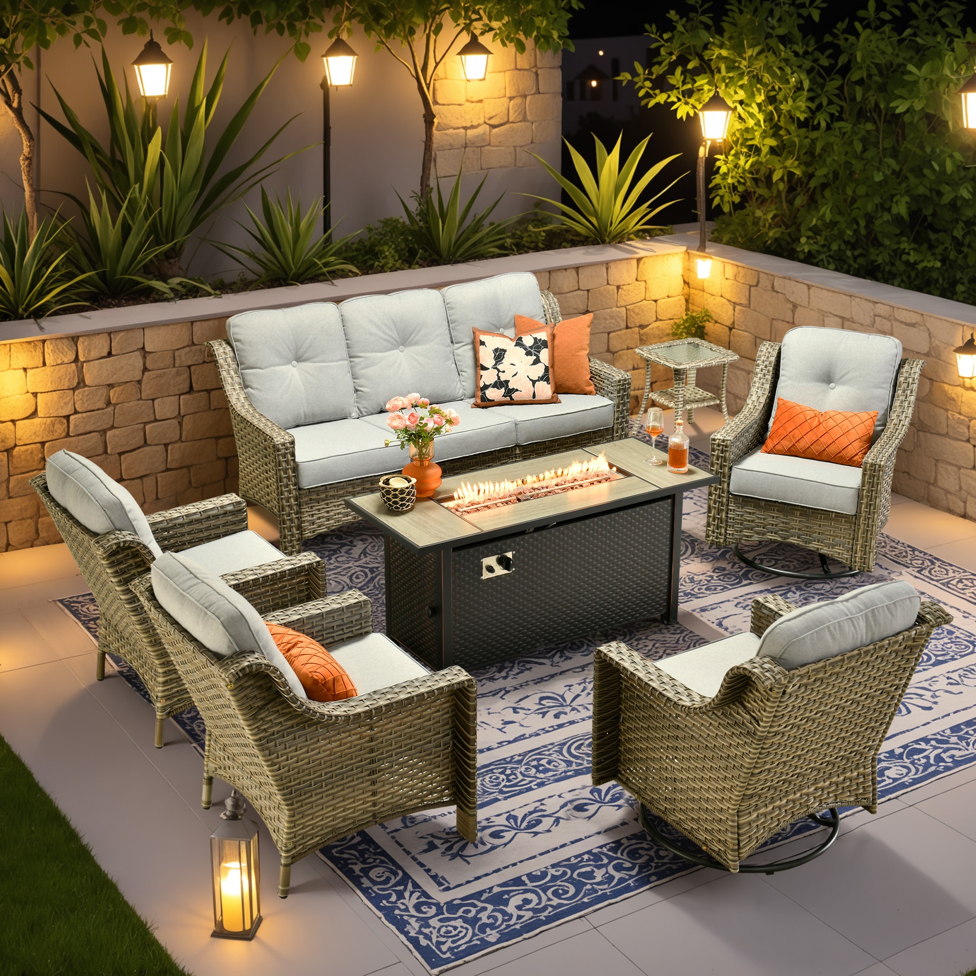 Ovios RFP5PD406Y-S 7 -Piece Rattan Patio Sofa Conversation Set with Light Gray Cushions
