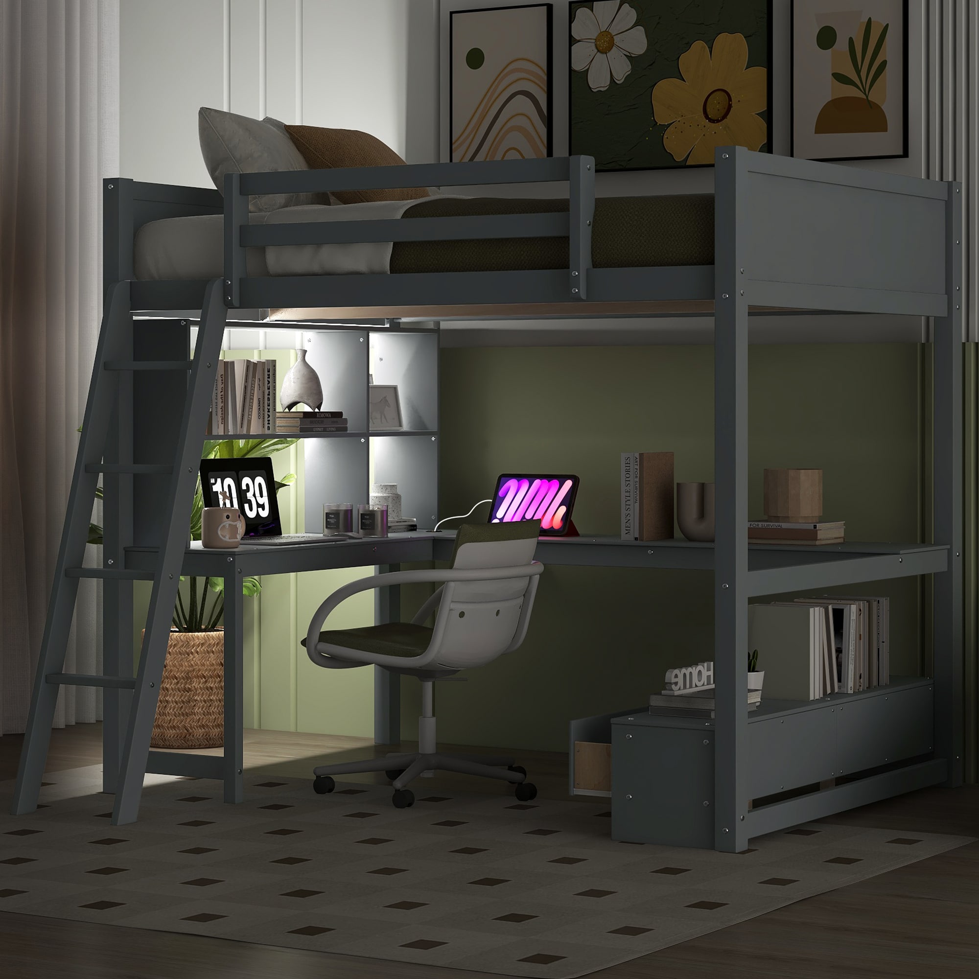 ModernLuxe GX002222AAE Full Size Loft Bed with Lshaped Multistorage Desk LED light and USB Charging Station Storage Bench with 2 Drawers Gray