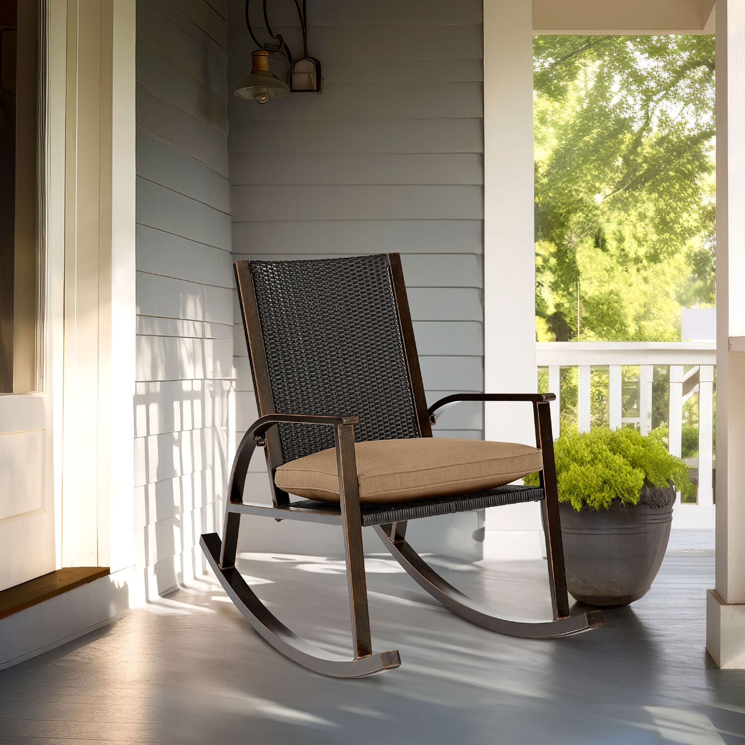 Beige Aluminum Wicker Back Rocking Chair with Cushions