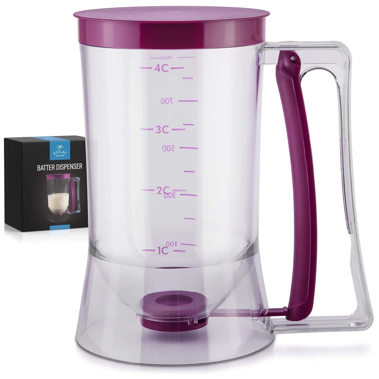 Zulay Kitchen 4 Cup Pancake Batter Dispenser Squeeze Handle Batter Mixer Dispenser Bottle with Measuring Labels for Pancakes Cupcakes Crepes and Waffles