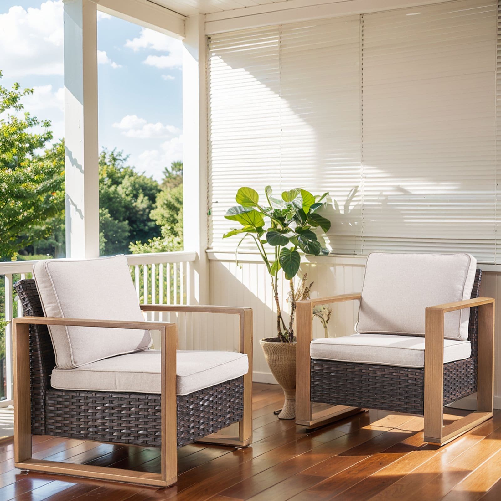 Jeehope PA128-2 PACHAIRS-T Set of 2 Wicker Brown Steel Frame Stationary Conversation Chair with Beige Cushioned Seat