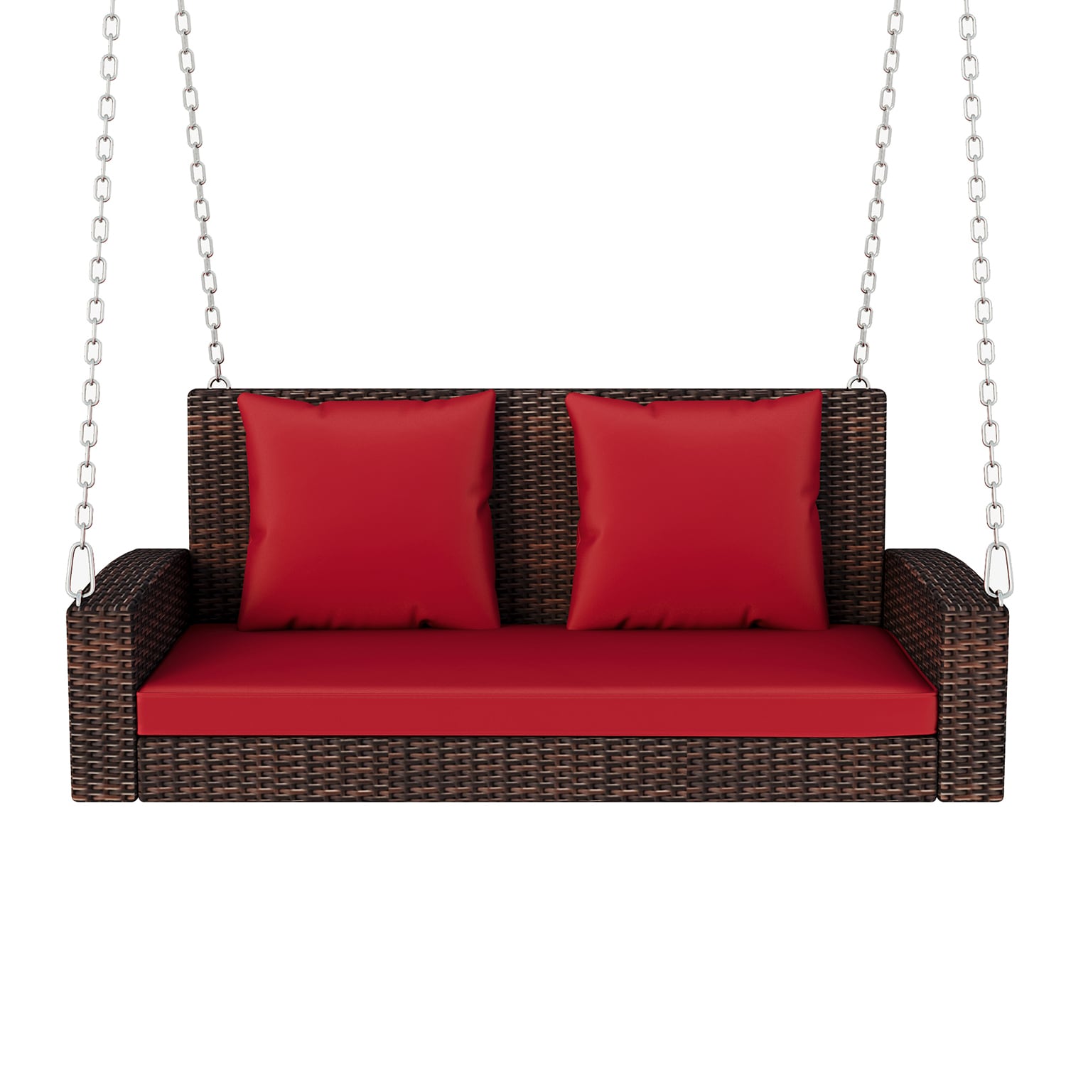 Red Wicker Porch Swing with Cushioned Seat and Back Pillows - 2 Person Outdoor Patio Swing with 500 lbs Weight Capacity | - SINOFURN SYA380095RD
