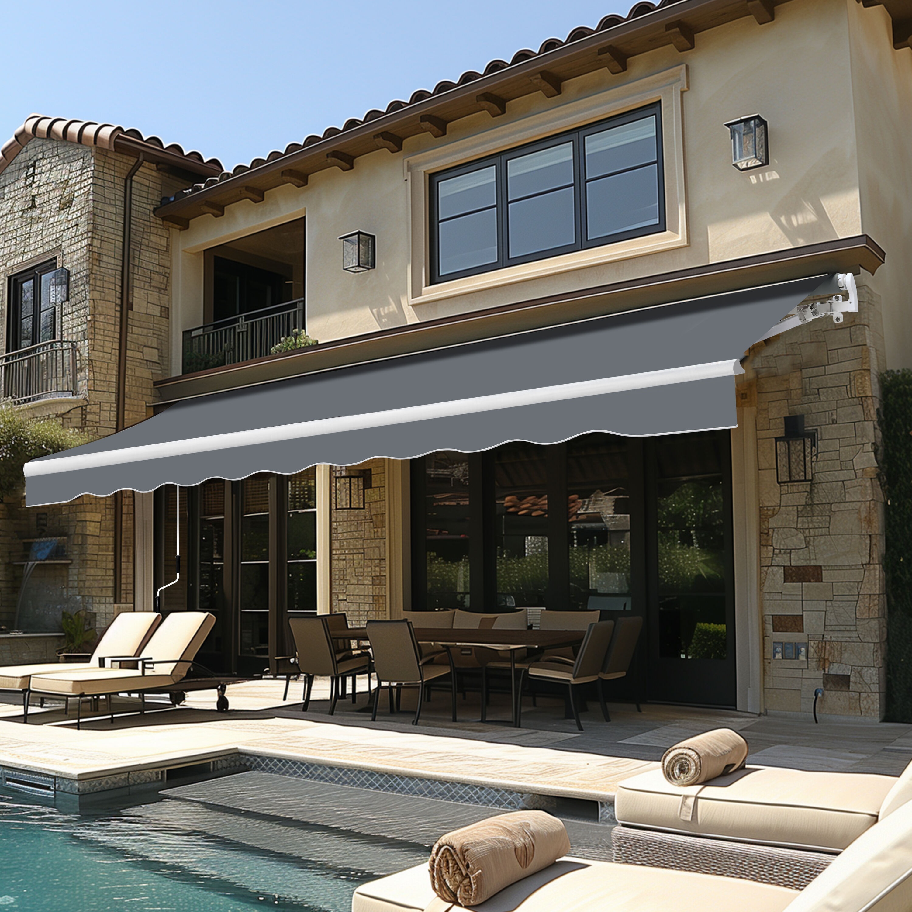 VEIKOUS 141.7-in Wide x 118.1-in Projection x 10-in Height Fabric Gray Solid Manual Retractable Patio Awning Polyester | PG0205-02GY-6