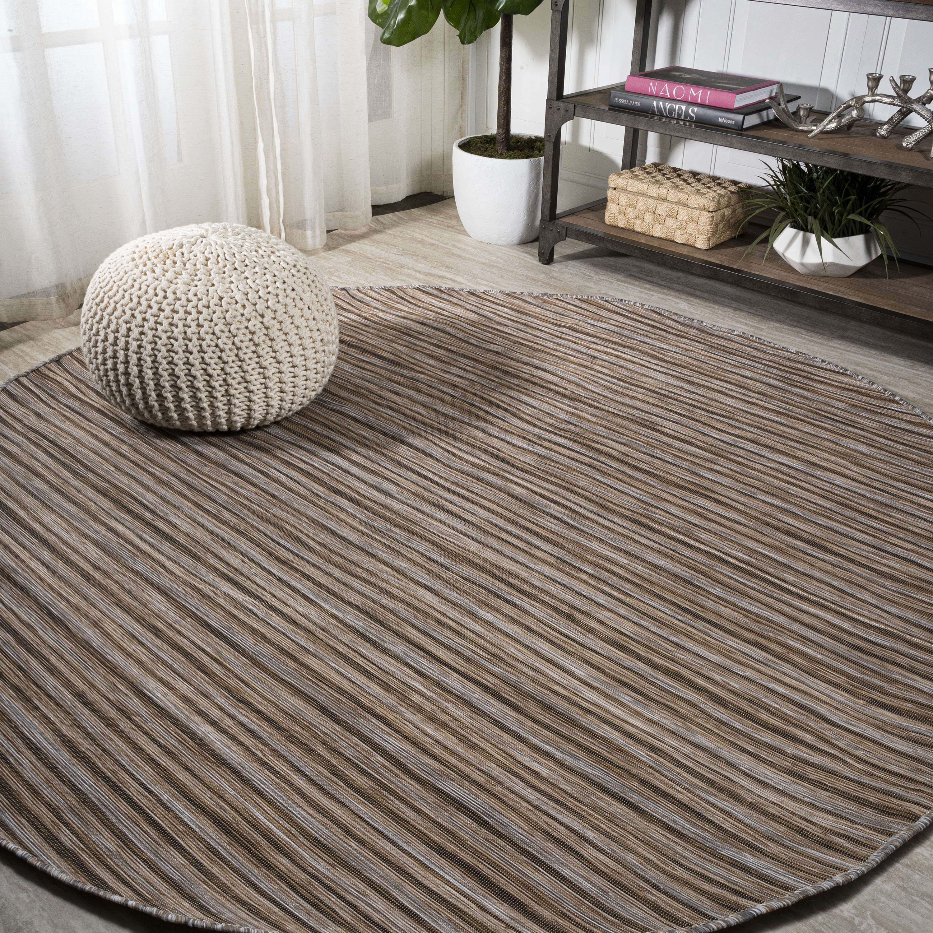 JONATHAN  Y TSN102B-6R TUSCAN SUN Finn Pinstripe 6 x 6 (ft) Loomed Polypropylene Brown/Natural Round Indoor/Outdoor Stripe Coastal Area rug