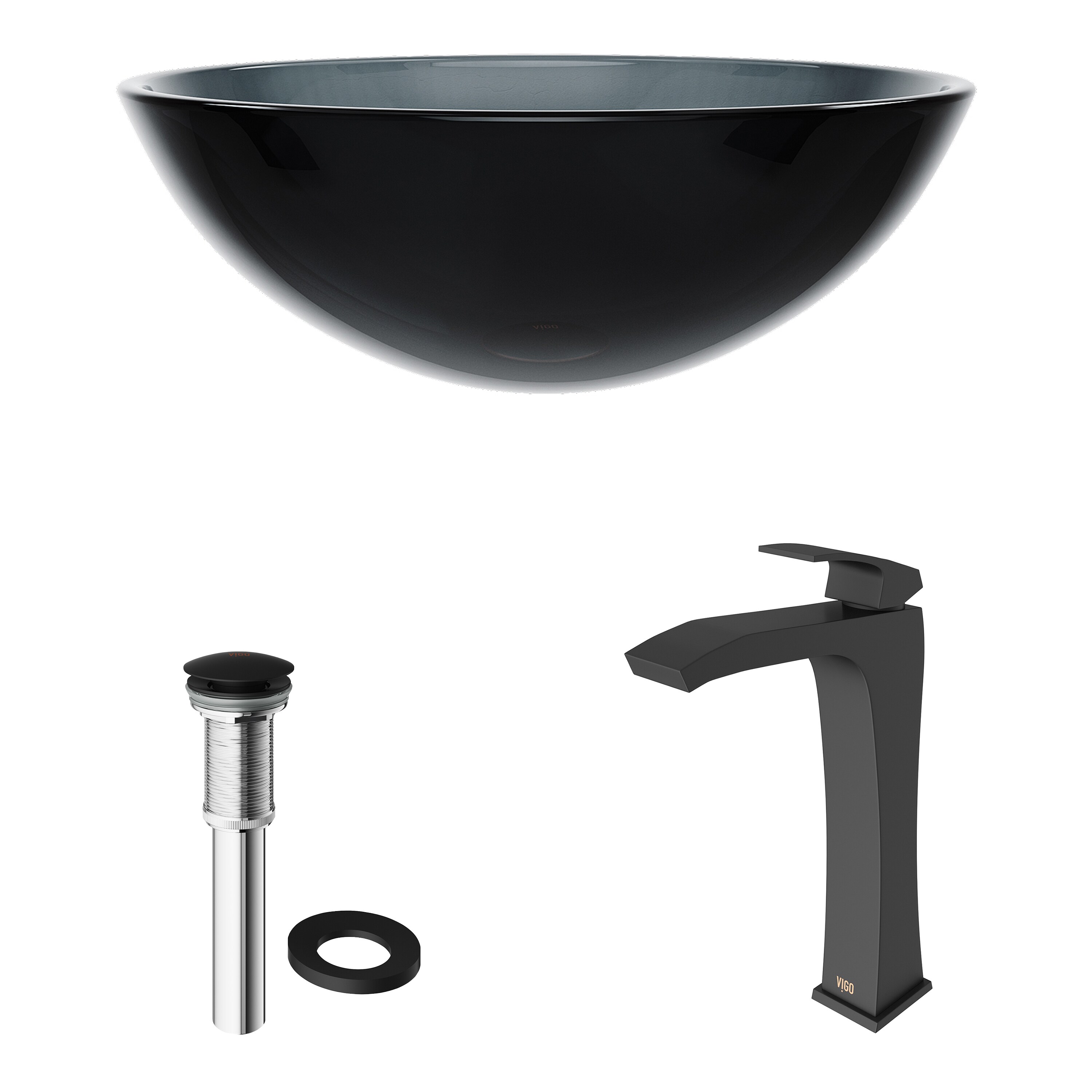 Sheer Black Tempered Glass 16.5" Vessel Bathroom Sink with Matte Black Faucet