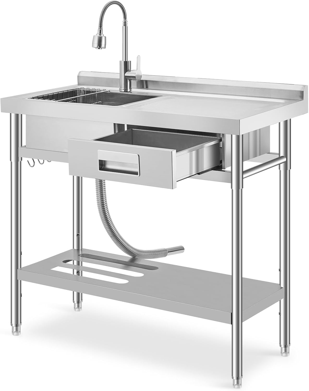 Garvee Durable Drop/ In Kitchen Sink /  Stainless Steel Scratch/ Resistant Everyday Use/ 39.4inch x19.7inch x38.6inch  Stainless Steel Utility Sink Freestanding Single Bowl with Drawer / Pull/ Out Faucet/ No wheels