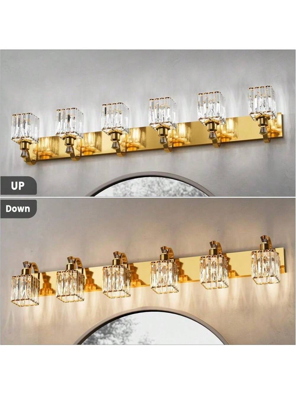 Qeetex PHO-1597X62U-HF4 6 lamp gold modern crystal bathroom vanity lights bathroom mirror fixtures. crystal vanity glass mirror shower lights. crystal bathroom vanity lighting fixtures. square lampshades. suitable for bathroom bedroom interior decoration lamps