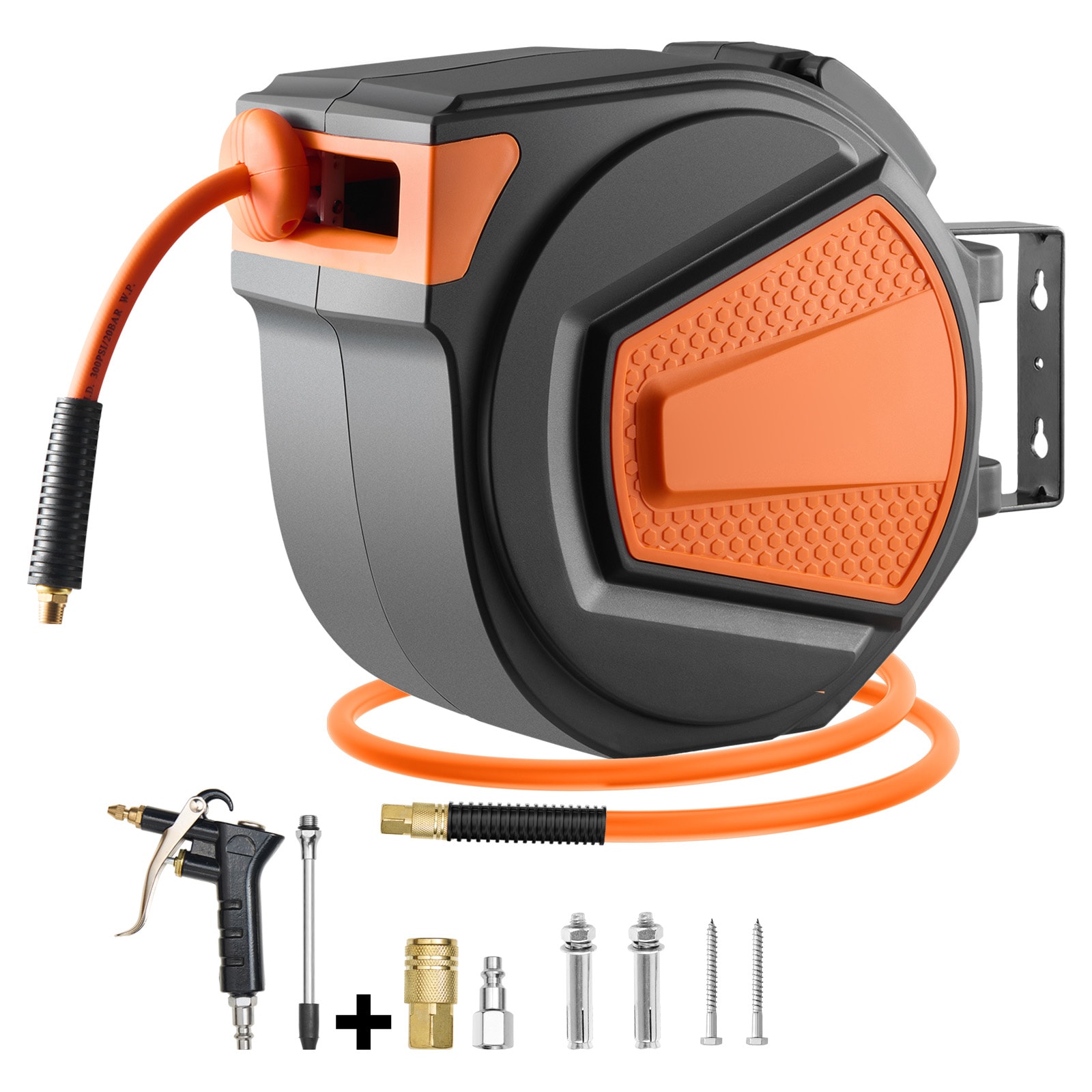 Mecale Retractable Enclosed Air Hose Reel 300-PSI Heavy Duty Polymer Case Auto-Rewind Wall Mount