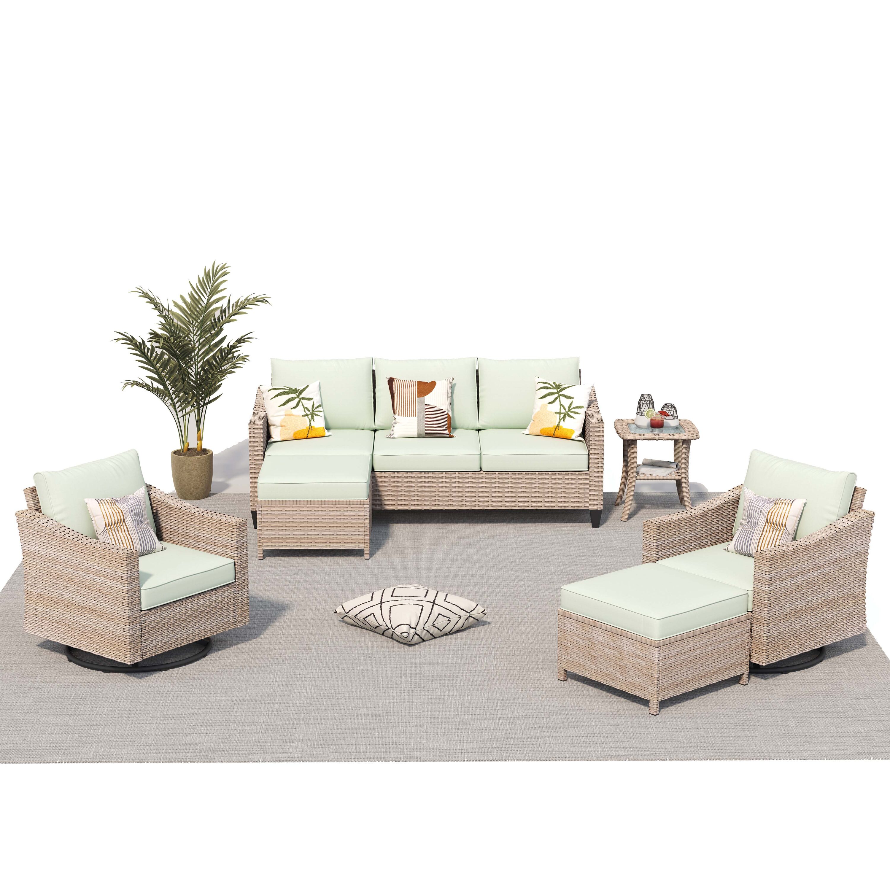 weaxty WXDARYZ06S9 Athena 6-Piece Wicker Patio Sofa Conversation Set with Green Cushions