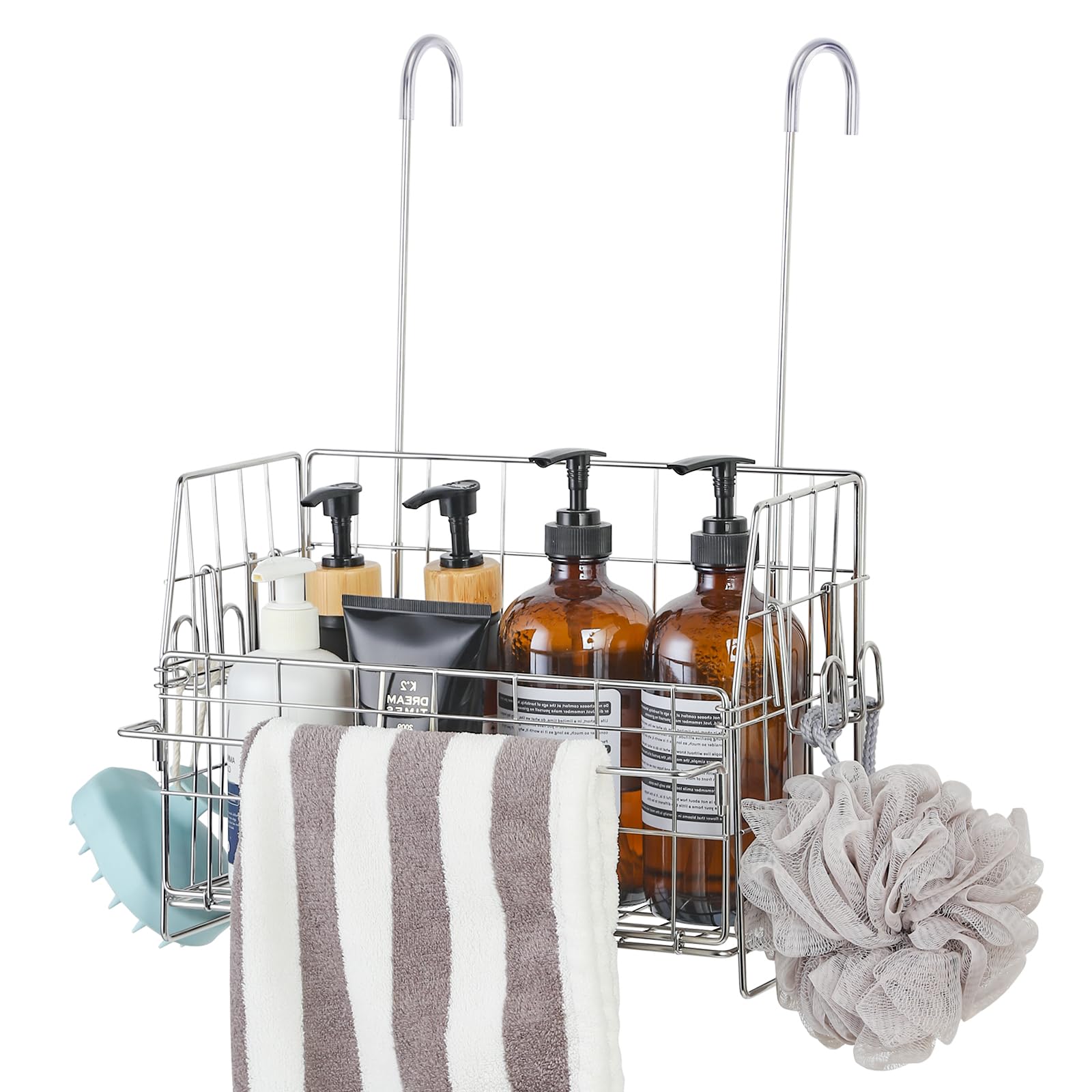 Ahfiwaso  Hanging Shower Organizer Bathroom Storage Rack with Hooks Over Door Stainless Steel Rustproof Basket Shelf for Bath Faucet or Cross Bar