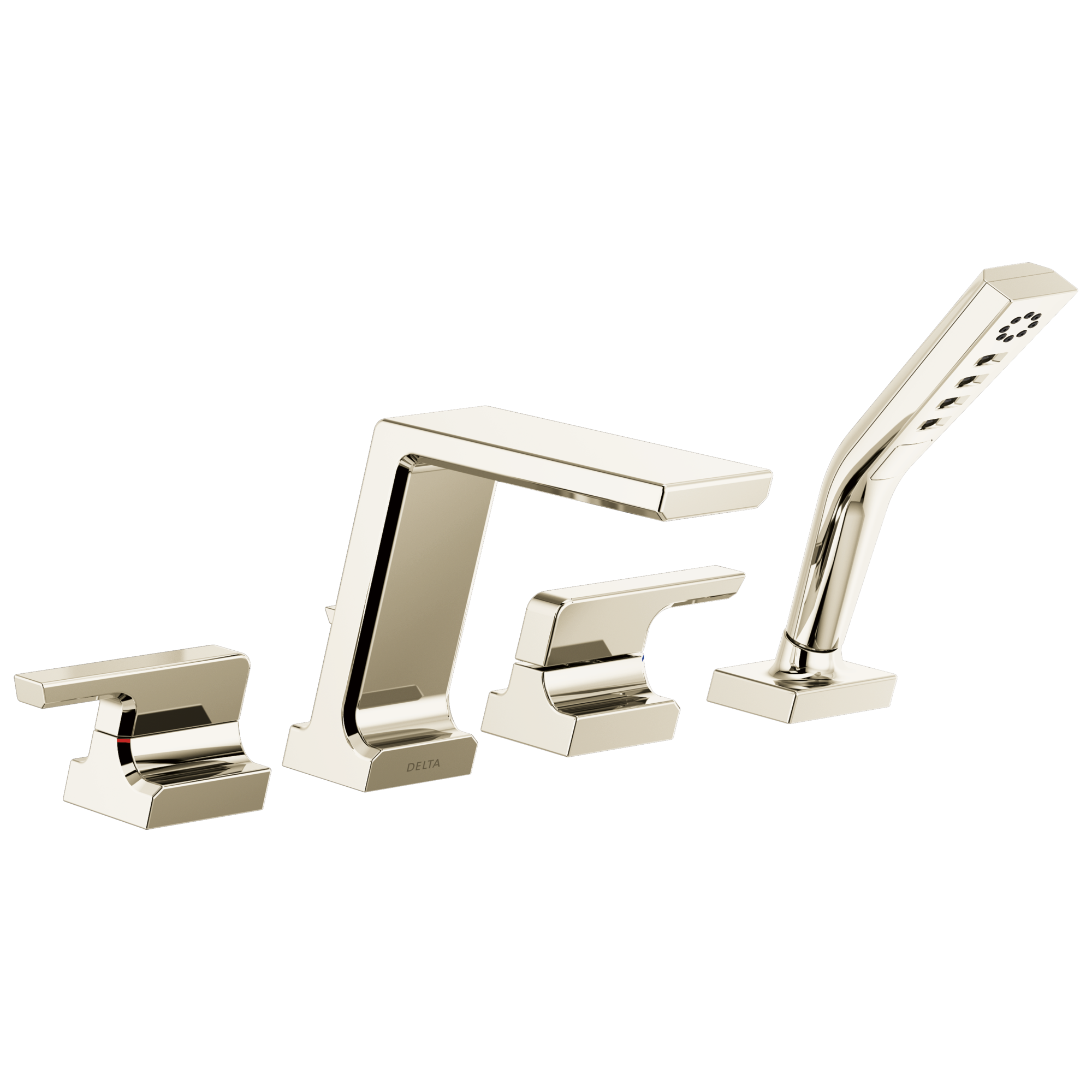 Delta T4799-PN-PR Pivotal Lumicoat Polished Nickel 2-handle Deck-mount Roman Low-arc Bathtub Faucet with Hand Shower