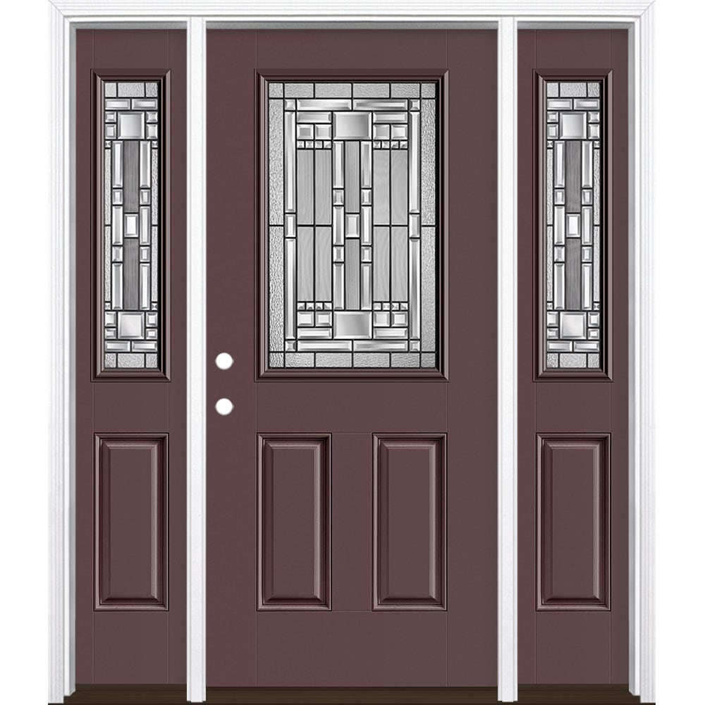 Masonite 3421316 Naples 60-in x 80-in x 4-9/16-in Fiberglass Half lite Right-hand inswing Currant Painted Prehung Single door with sidelights Front Door with Brickmould Insulating core Decorative glass