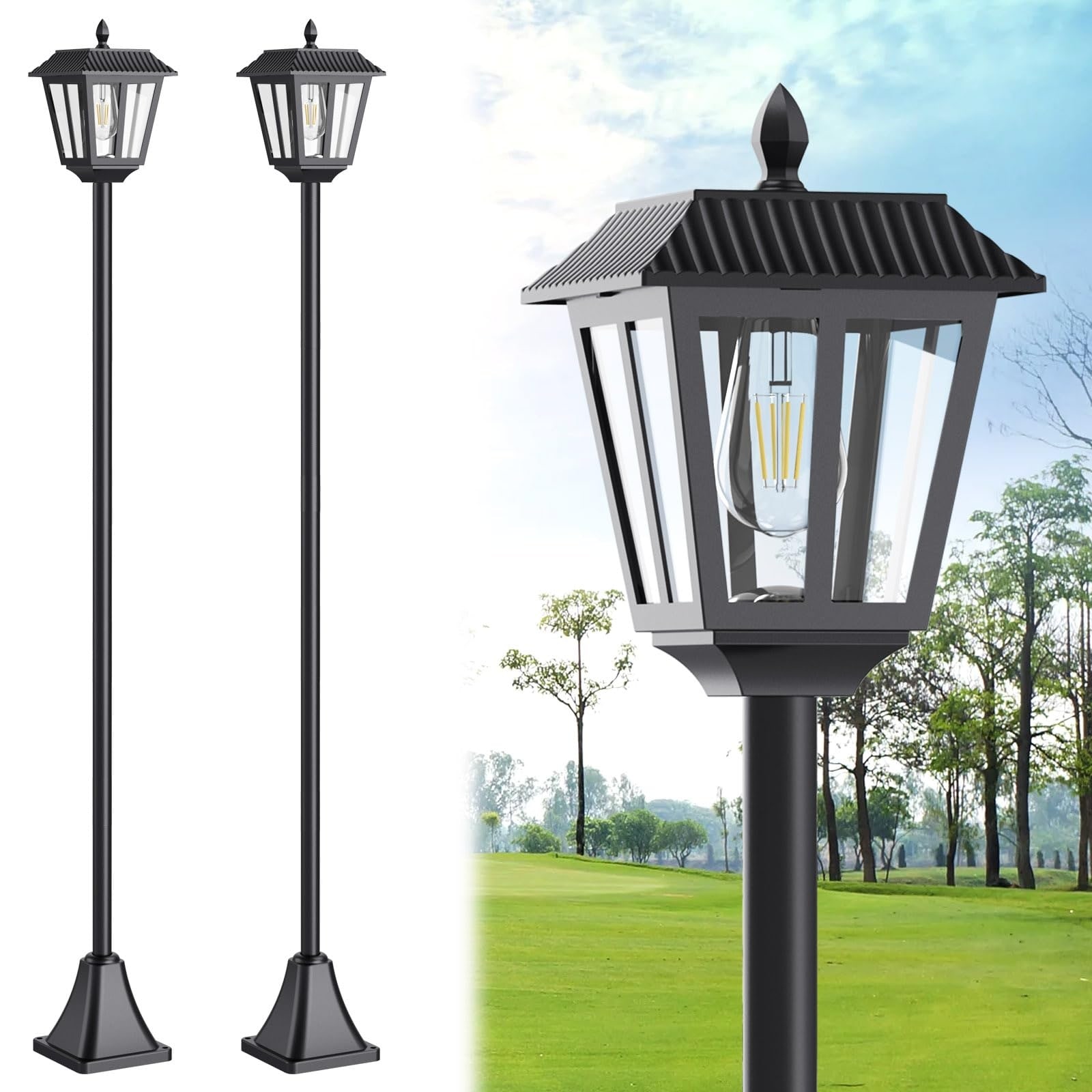 Lukvuzo  68 inch Solar Lamp Post Light 3000K Warm White IP45 Waterproof Outdoor Post Light 4 Solar Panels for Yard Garden Patio Lawn Pathway Driveway 2 Pack