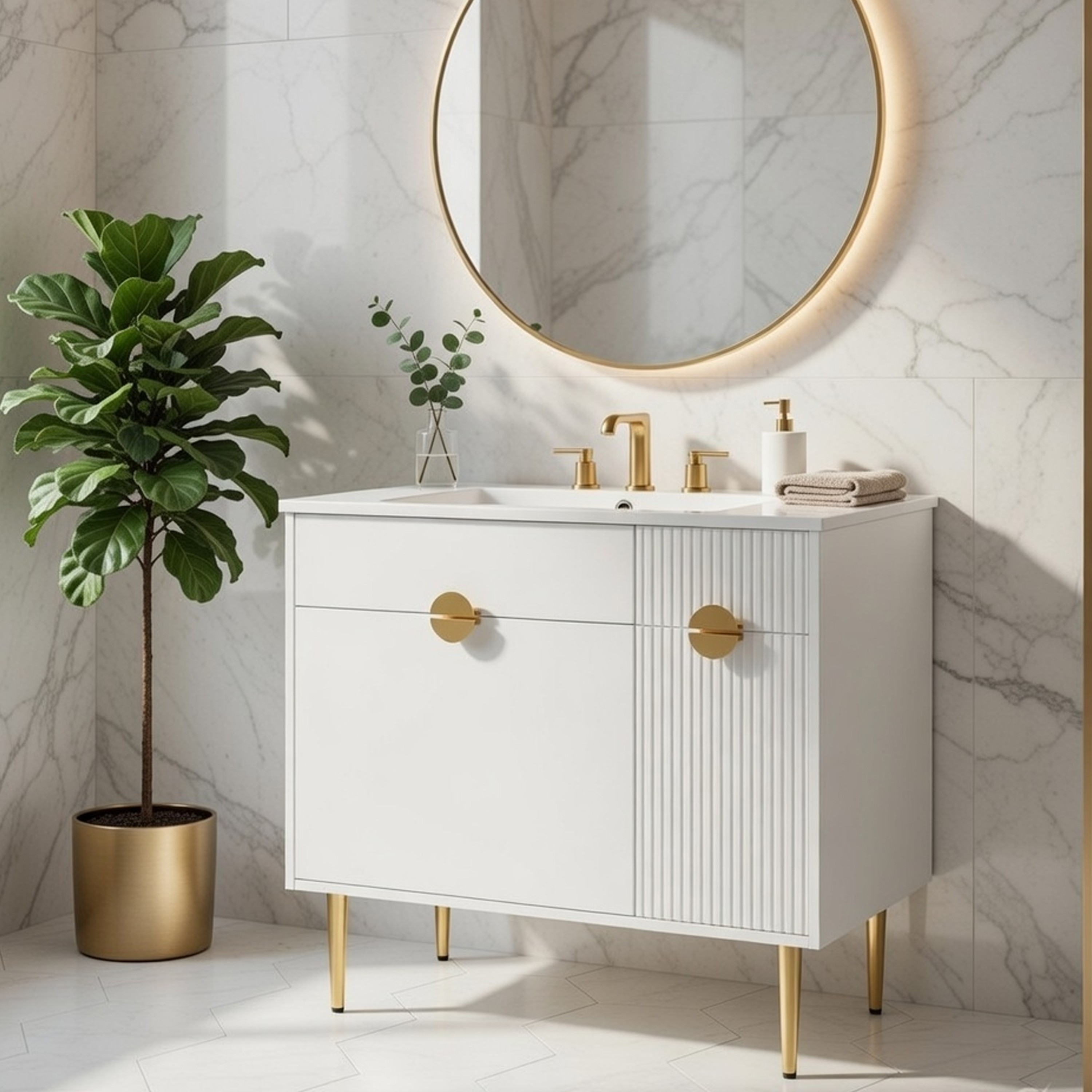 Benzara Fizra Bathroom Vanity with Resin Basin Storage Cabinet White Gold 36 Inch