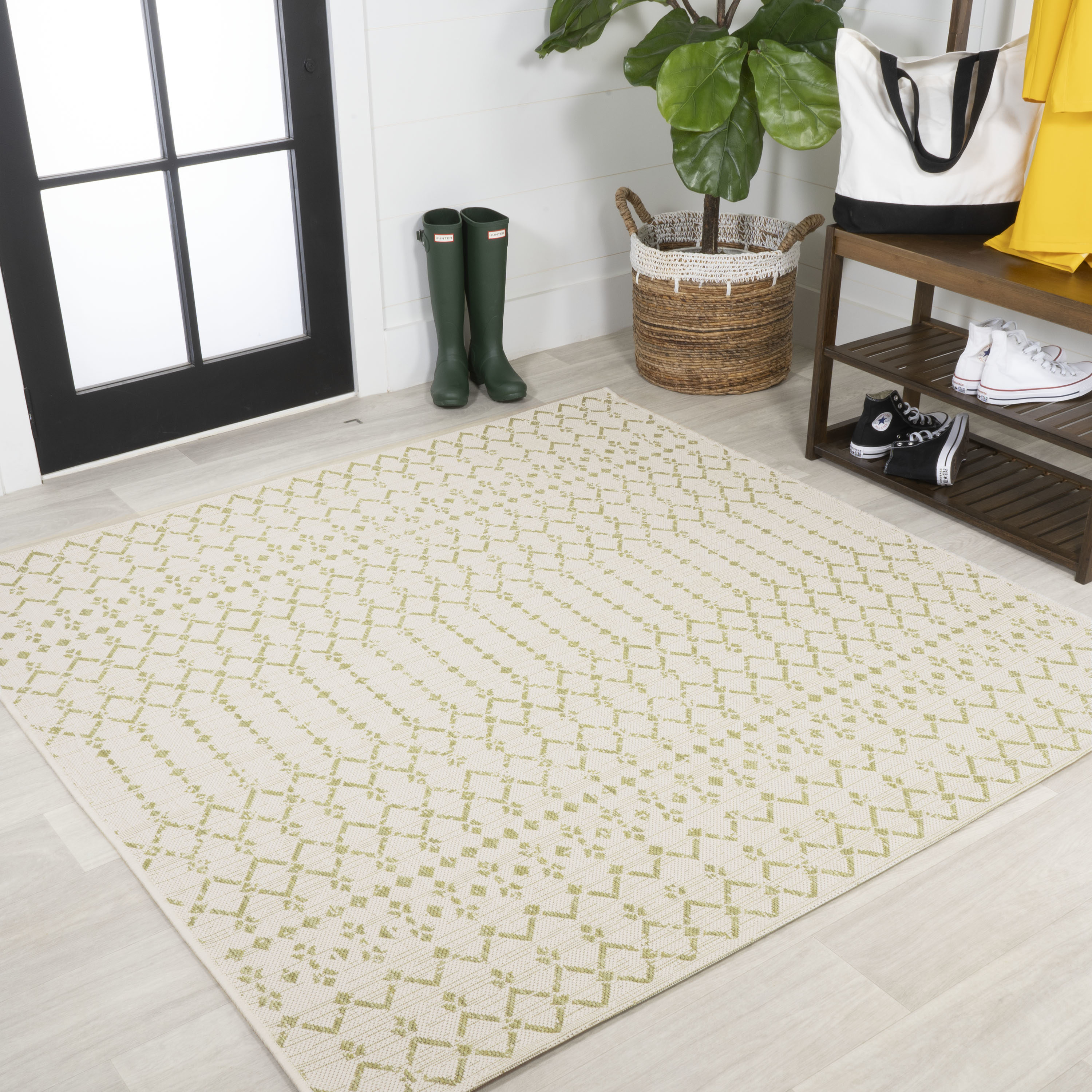 JONATHAN  Y SMB108M-5SQ Santa Monica Ourika Filigree Textured Weave 5 x 5 (ft) Loomed Polypropylene Cream/Green Square Indoor/Outdoor Tribal Coastal Area rug