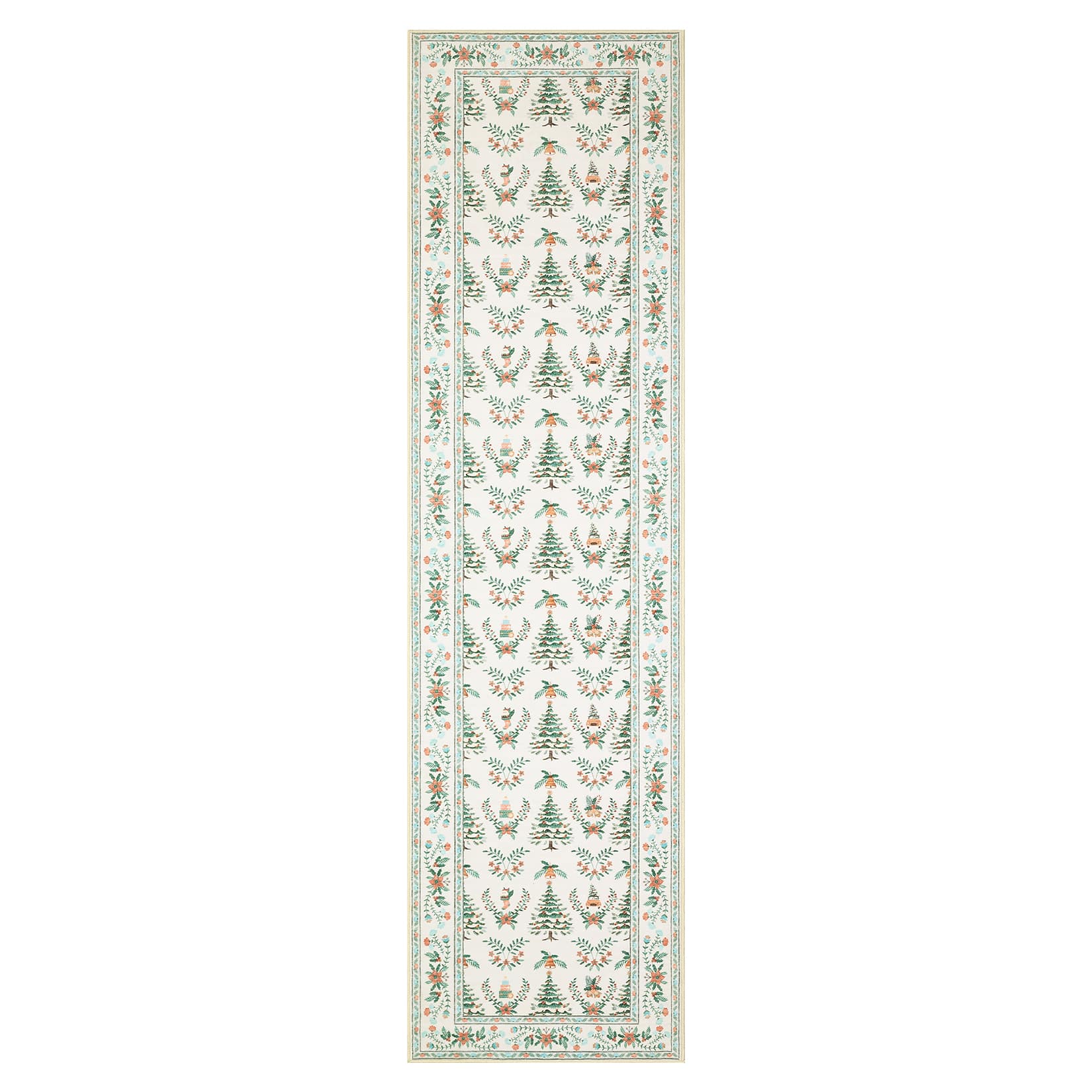 Qeetex SUNNY-PHK-35S7TRU7 2 x 6 ft Beige Christmas Bedroom Entryway Laundry Bathroom Christmas Tree Print Modern Machine Washable Polyester Rectangular Indoor Runner Rug