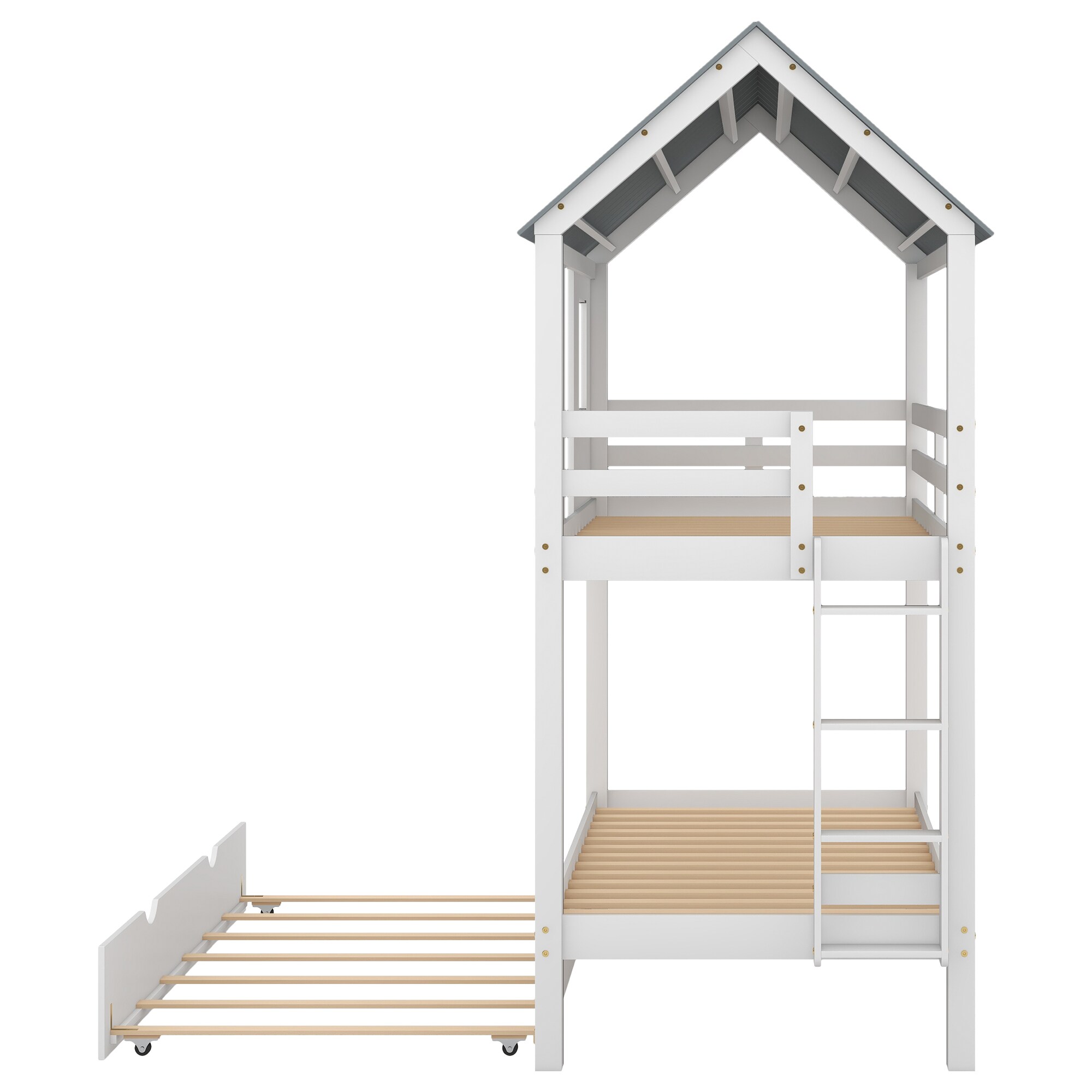 LUXEYARD Twin Size House Bunk Bed with Trundle Roof and Windows White ...