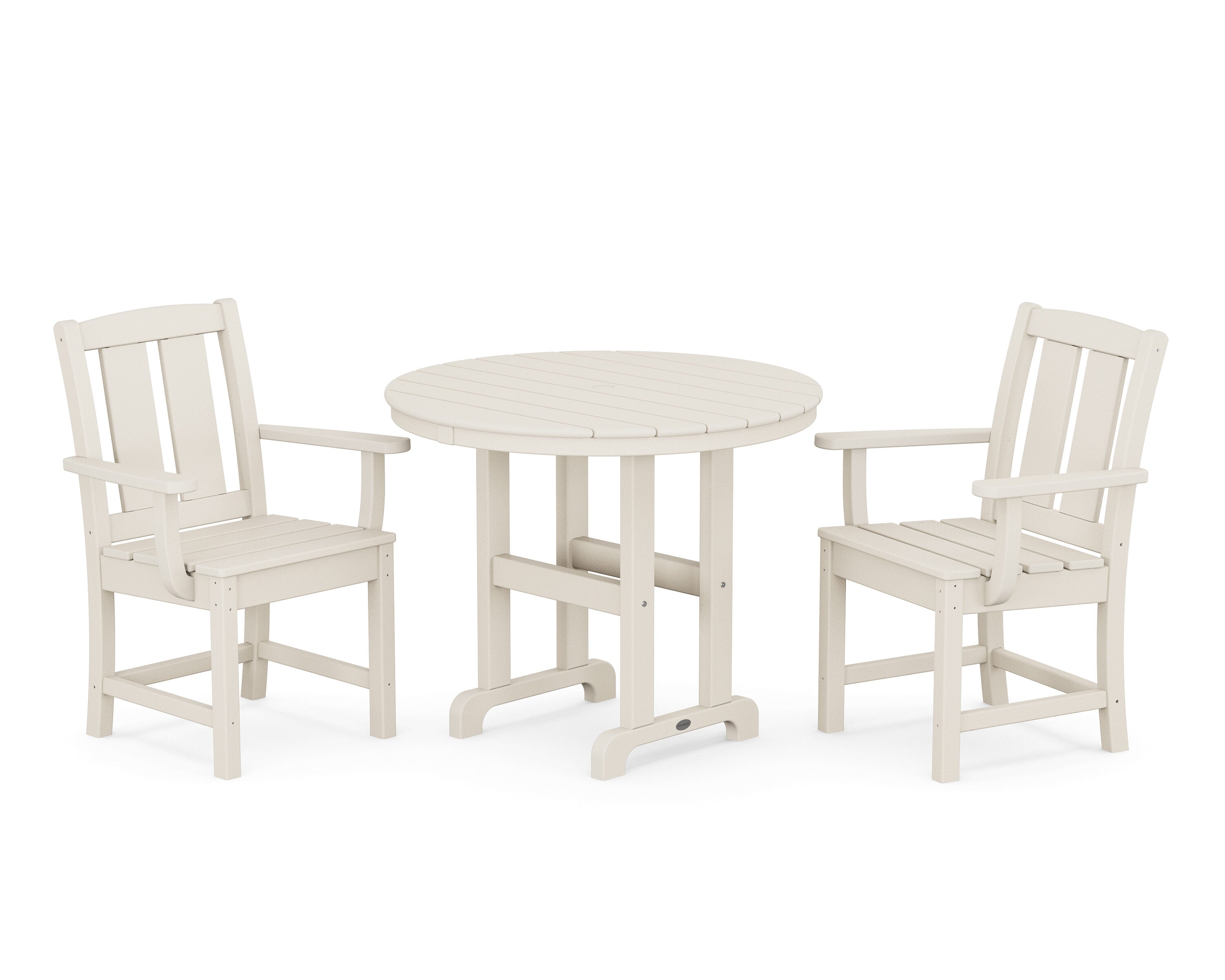 POLYWOOD PWS2063-1-SA Mission 3 -Piece Sand Patio Dining Set Plastic Round Table with 2 Stationary Chairs