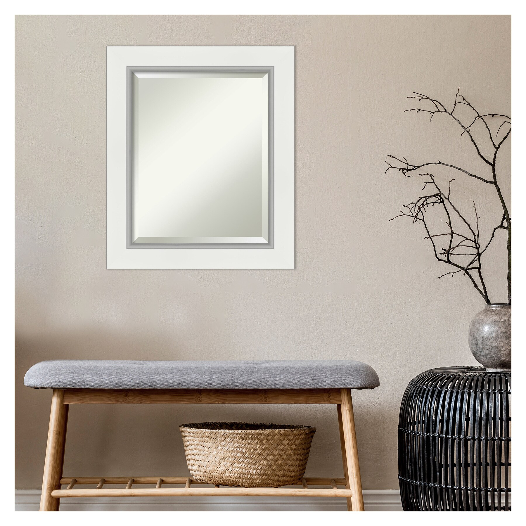 Eva White and Silver Rectangular Beveled Wall Mirror