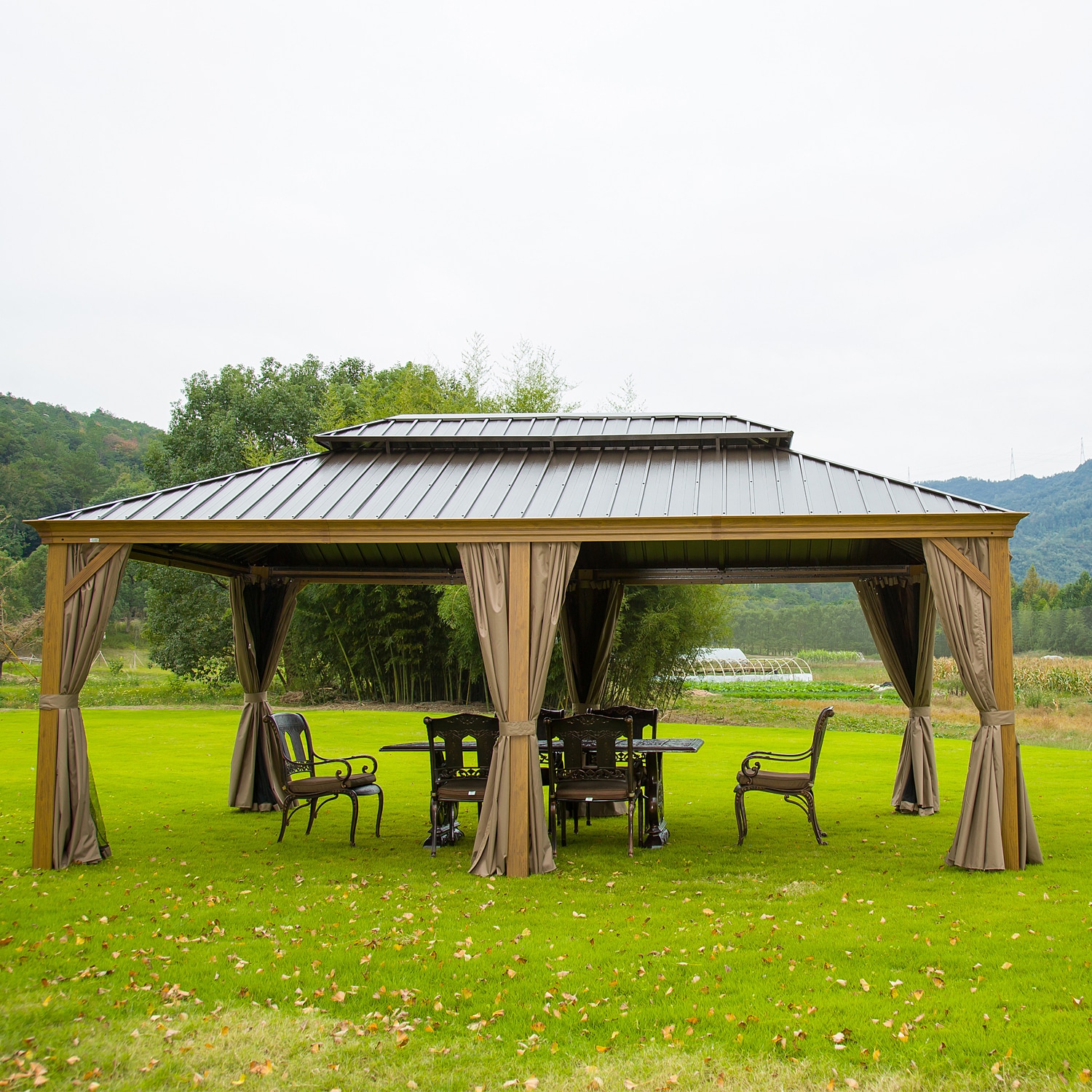 BANSA ROSE BLZJLY041738 12-ft x 20-ft Brown Rectangle Grill Gazebo with Hardtop Steel Roof (Screen Included)