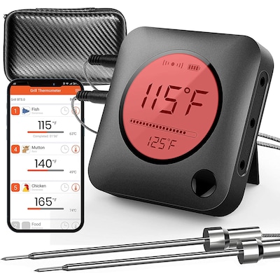 Nutrichef Wi-Fi Grill Meat Thermometer Wireless Dual Smart Probes, Alarm Indoor from Outdoor, Black
