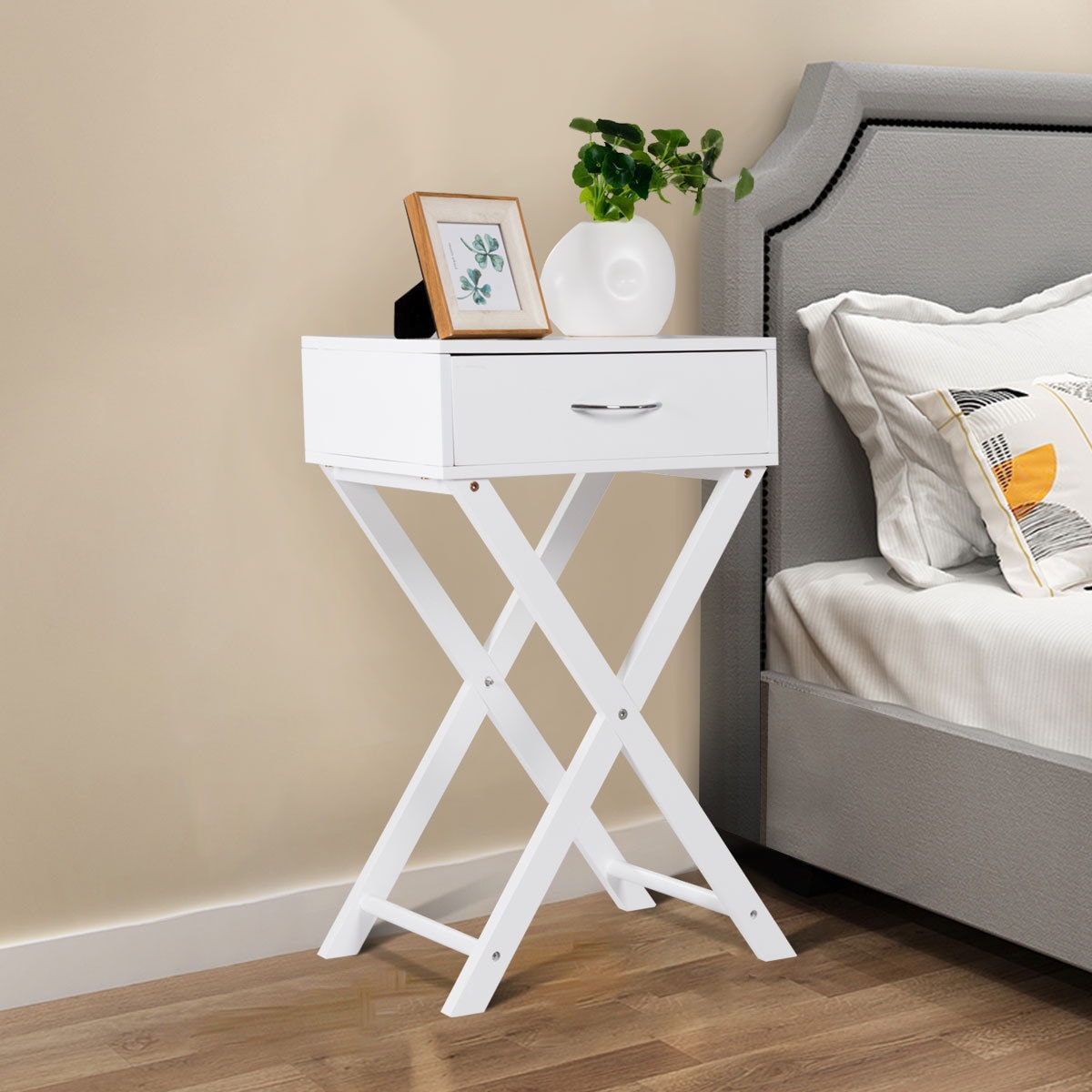 White MDF X-Shape Leg 1-Drawer Nightstand