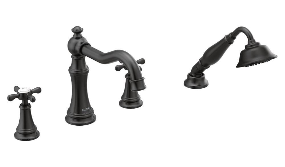 Moen TS21102BL Weymouth Matte Black 2-handle Deck-mount Roman Low-arc Bathtub Faucet with Hand Shower