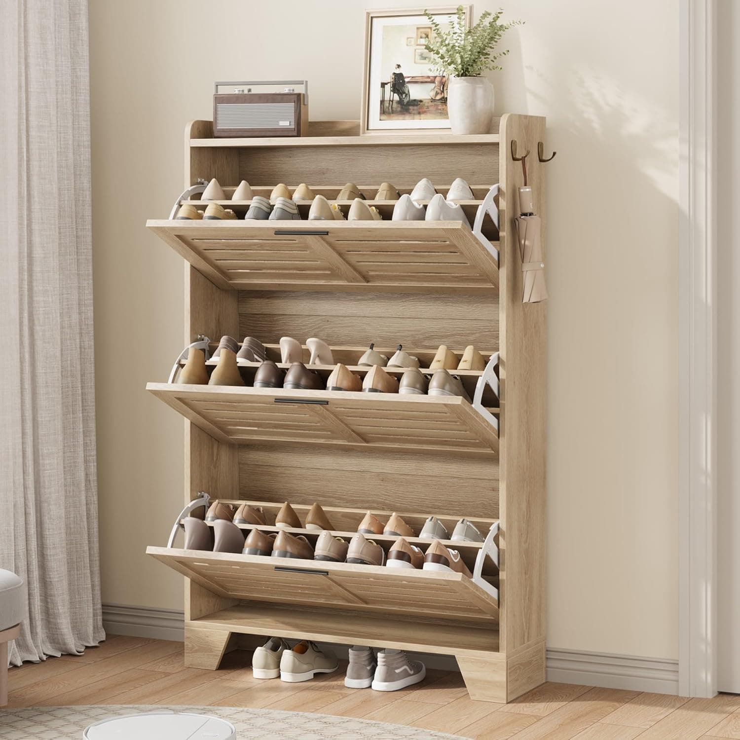 GAOMON Slim shoe cabinet with 3 flip drawers and hooks freestanding hidden entryway shoe organizer light oak