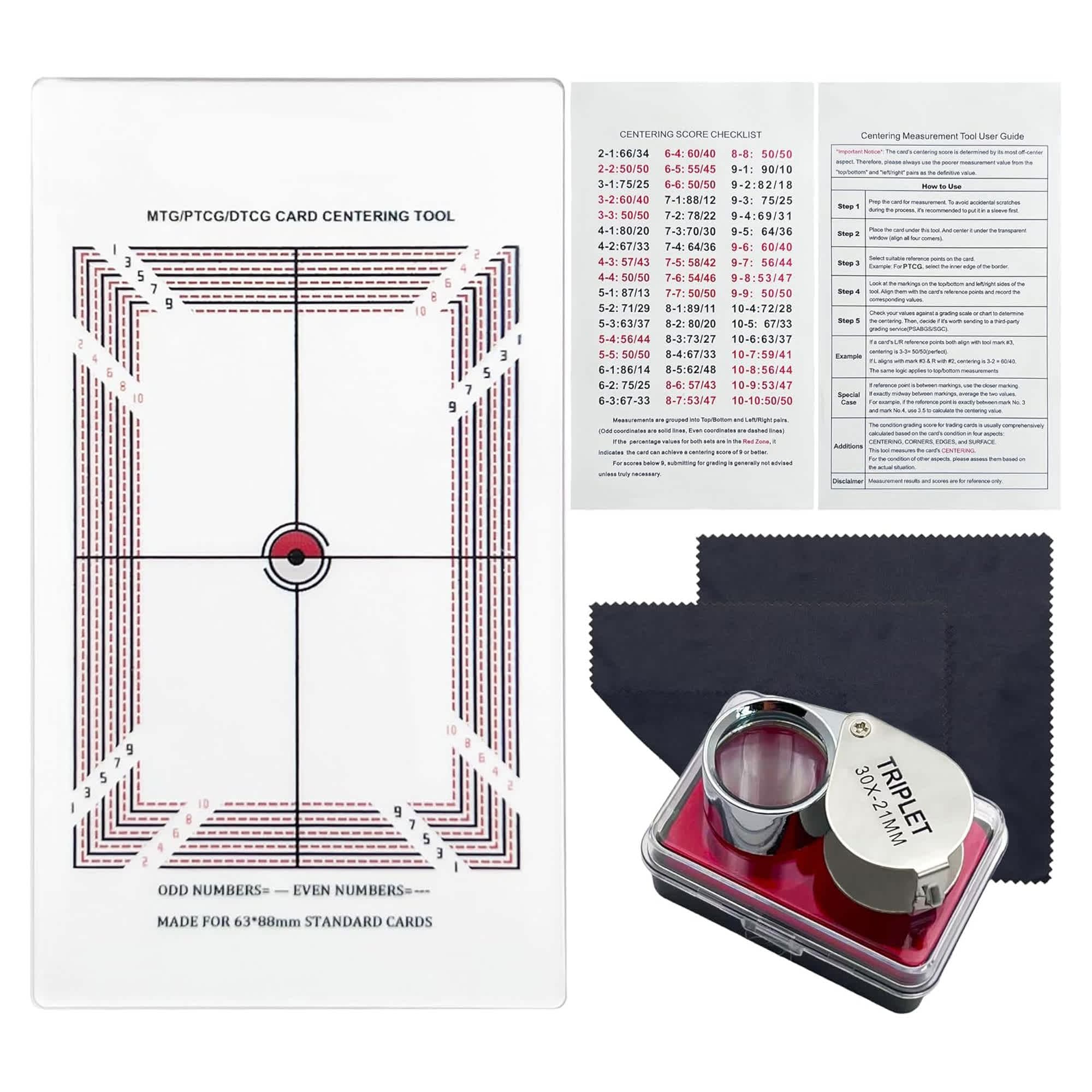 Etokfoks Card Grading Center Tool for Pokemon Trading Cards Measuring Tools with Cleaning Cloth Kit 30X Magnifying Implement #EFT1004J15