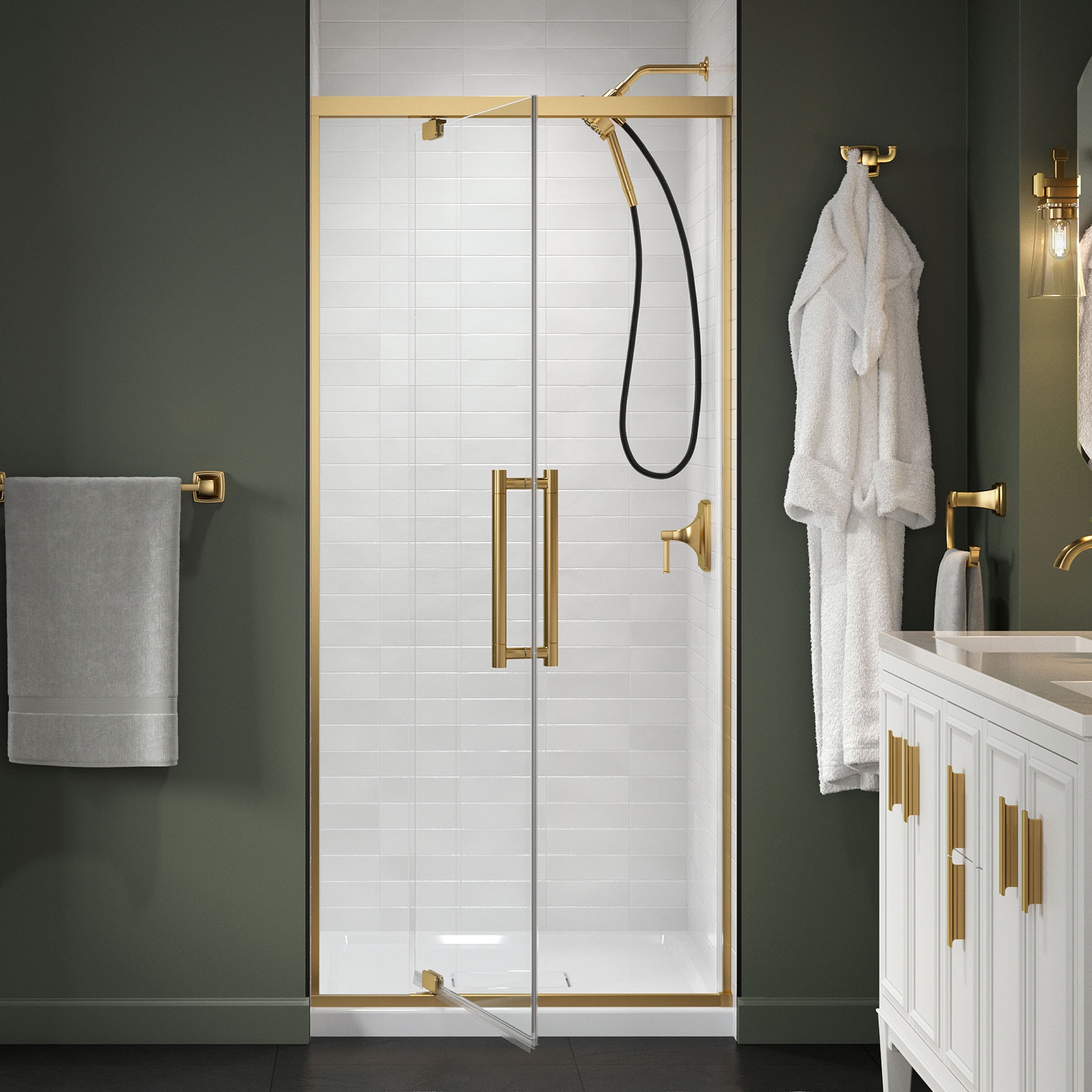 KOHLER 702481-8L-2MB Premise Vibrant Brushed Moderne Brass 31-5/8-in to 35-5/8-in W x 76.06-in H Frameless Pivot Soft Close Shower Door 5/16-in Thick Clear Glass