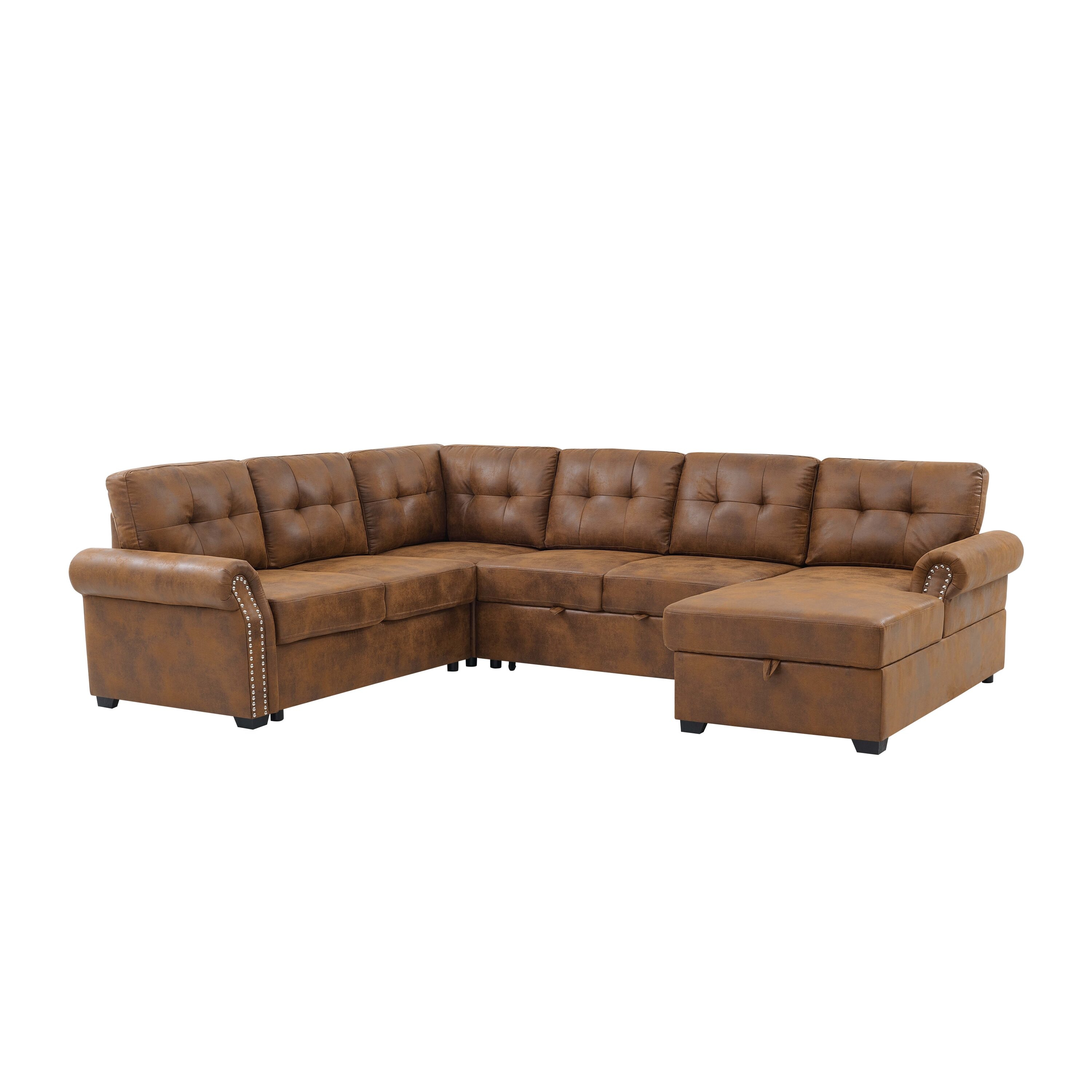 LUXEYARD Faux Leather U Shape Sectional Sleeper Sofa Pull Out Bed ...