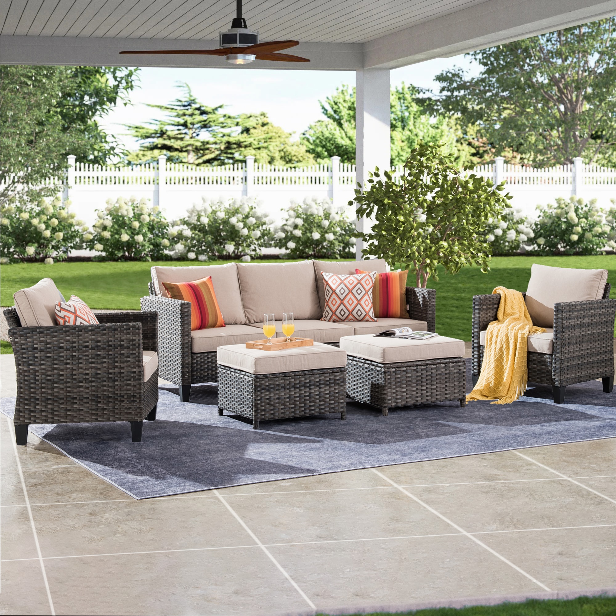 Ovios Vultros 5-Piece Rattan Patio Conversation Set with Off-white ...