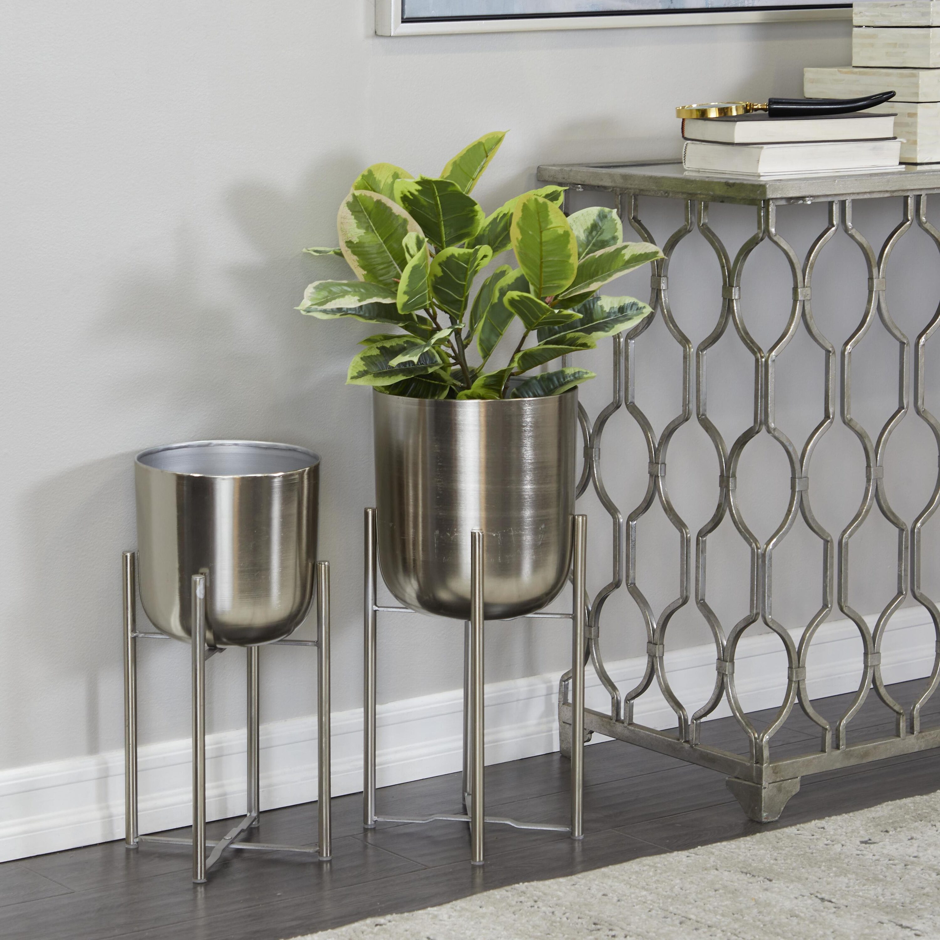 Silver Metal Indoor Outdoor Planter Set with Removable Stand, 19" and 22"
