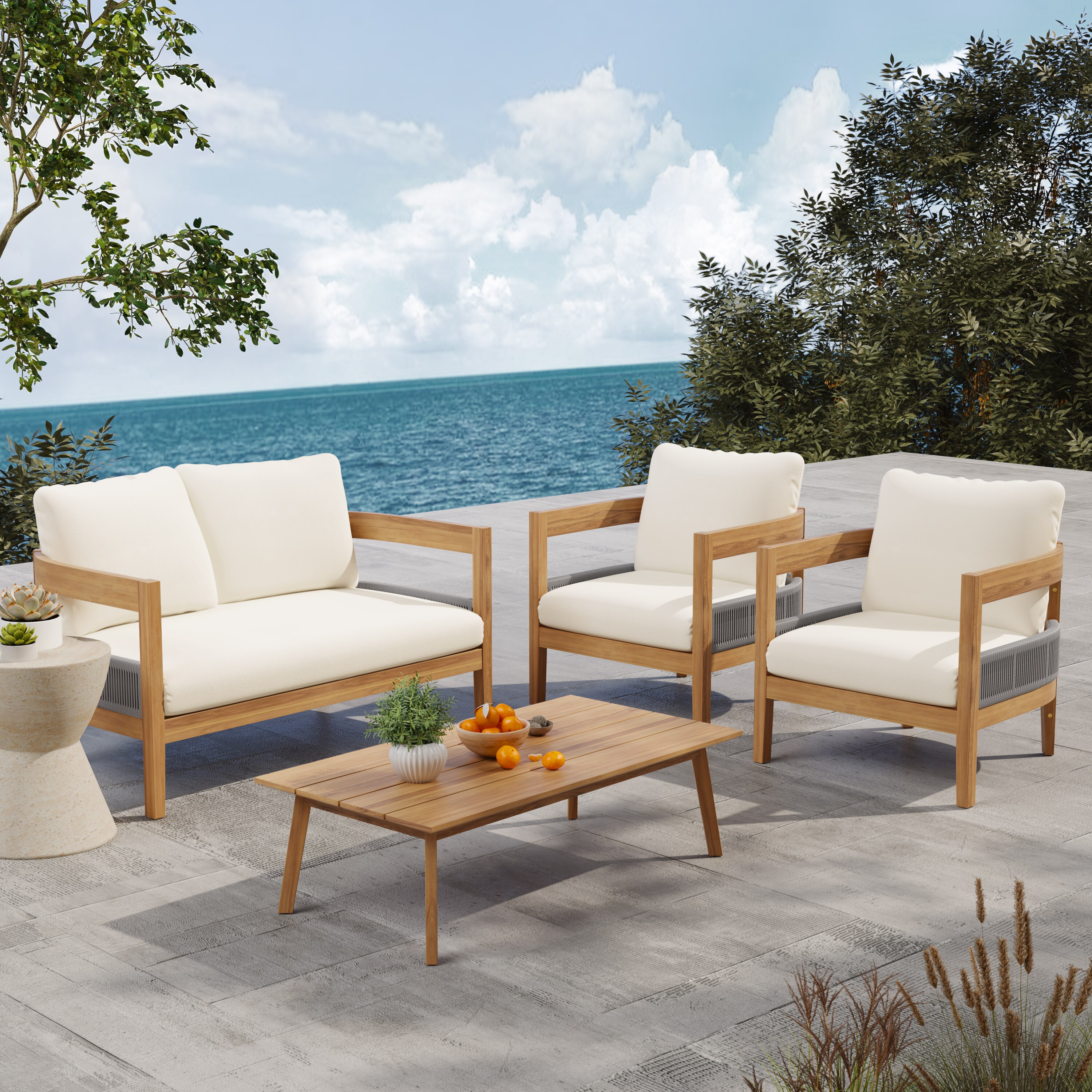 Best Selling Home Decor - Cody 4 -Piece Patio Conversation Set with Off-white Cushions Included