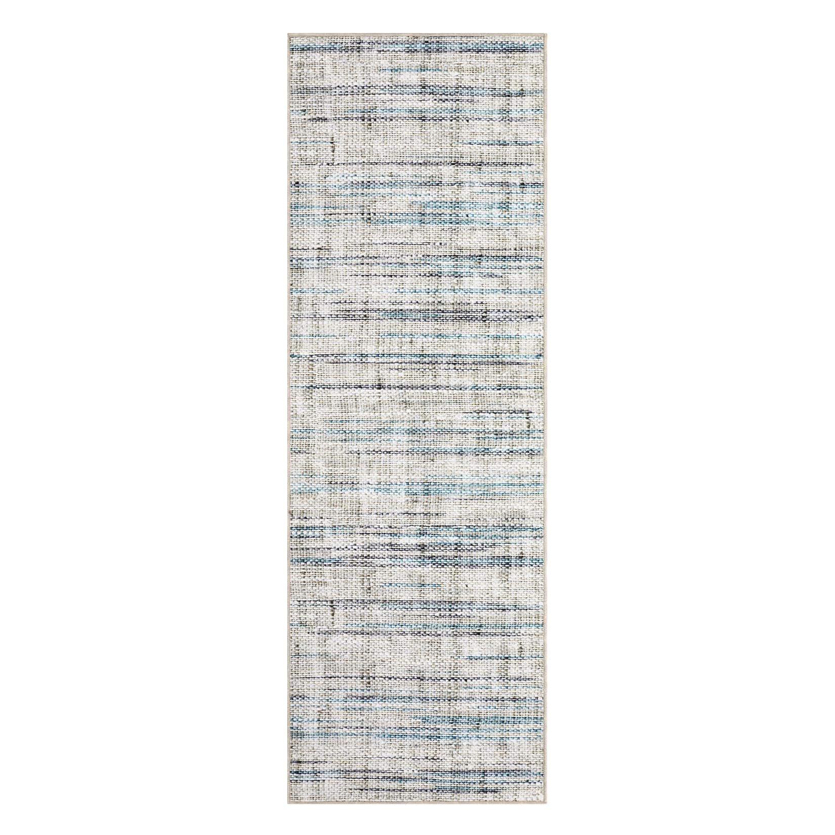 Qeetex LSN-PHO-16NWSH0L 2 x 6 ft Polyester Terry Blue Gray Rectangular Hallway Bathroom Entryway Kitchen Office Foldable Line Printed Modern Washable Area Rug