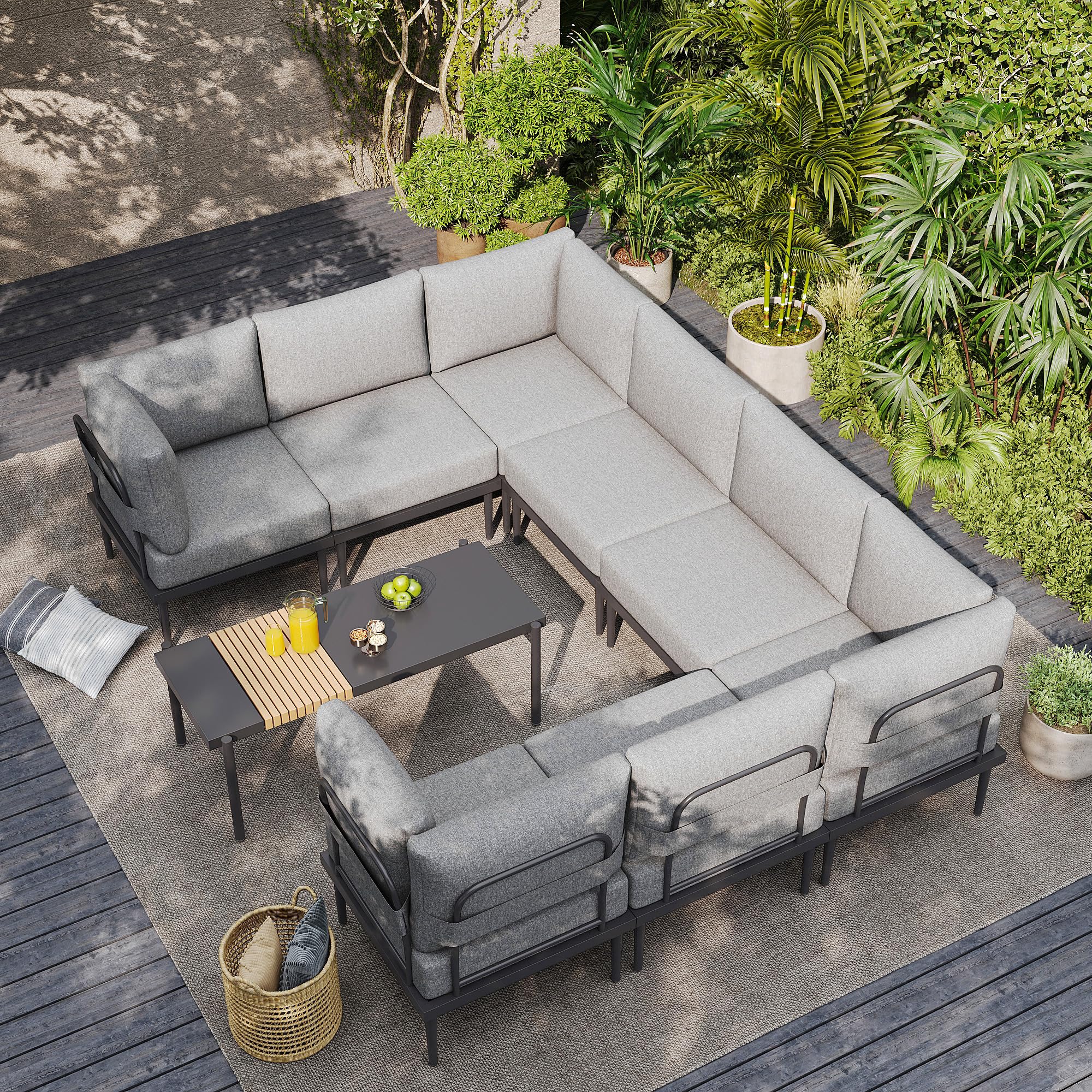 AURA OUTDOOR OICS-3345-GY U-Shape Patio Sectional Set Outdoor Sectional with Gray Cushions and Aluminum Frame