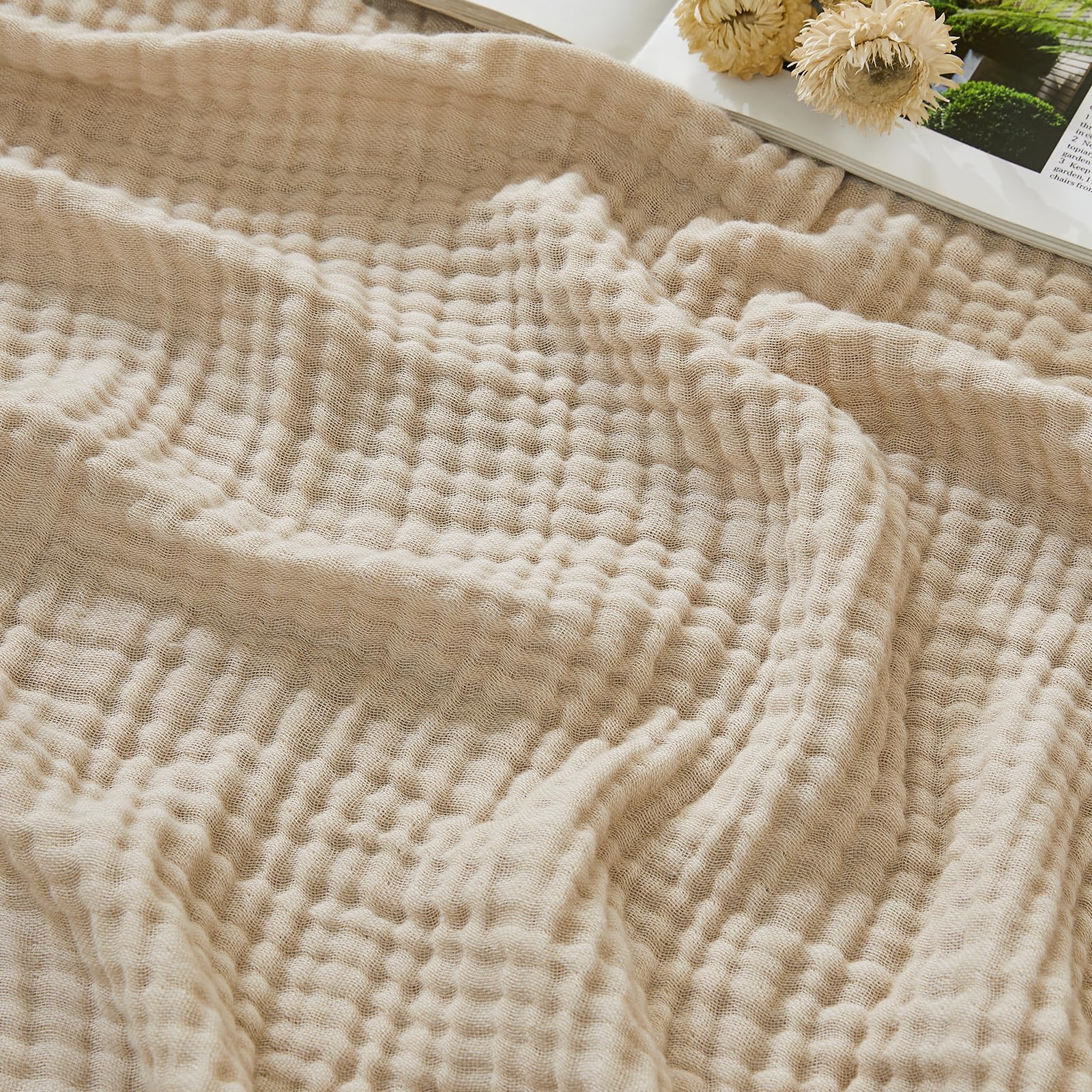 PUPWE Beige Large Throw 50x70 inch Soft Lightweight Breathable Cotton Muslin Blanket All Season Versatile Home Decor