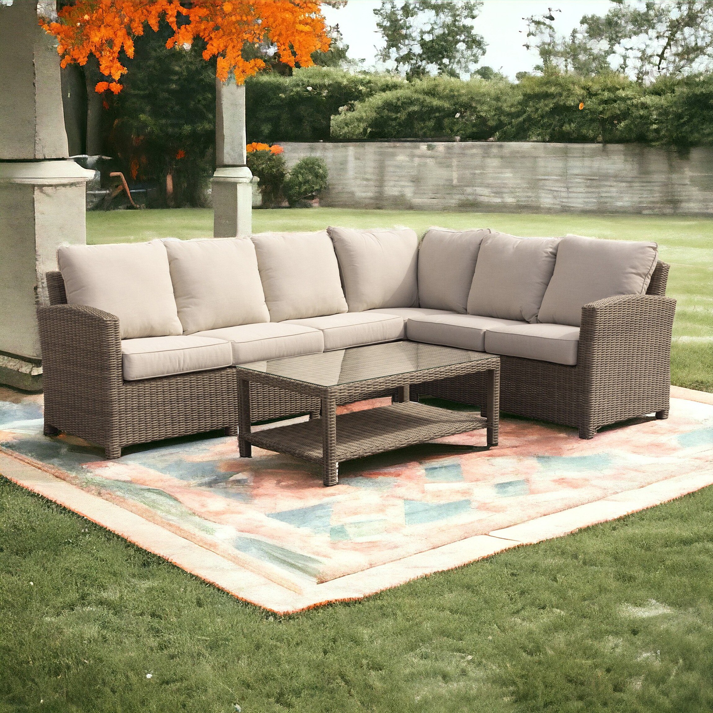 Courtyard Casual 5838 Capri 5-Piece Wicker Patio Conversation Set with Tan Cushions