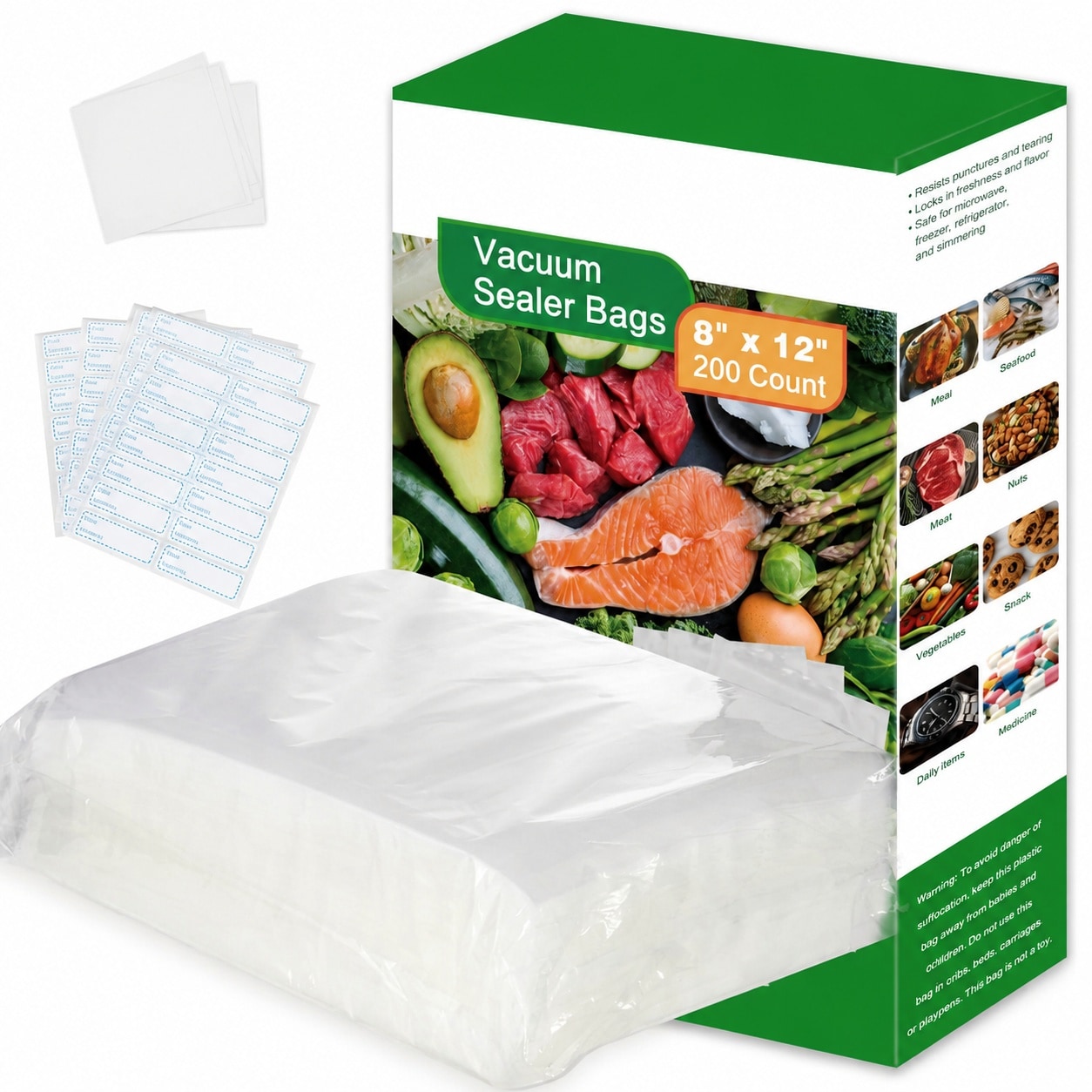 KIWDZFU  200 Vacuum Sealer Bags for Food 8x12 Inch Thick BPA Free Compatible with All Vacuum Sealers Precut Storage Bags for Sous Vide and