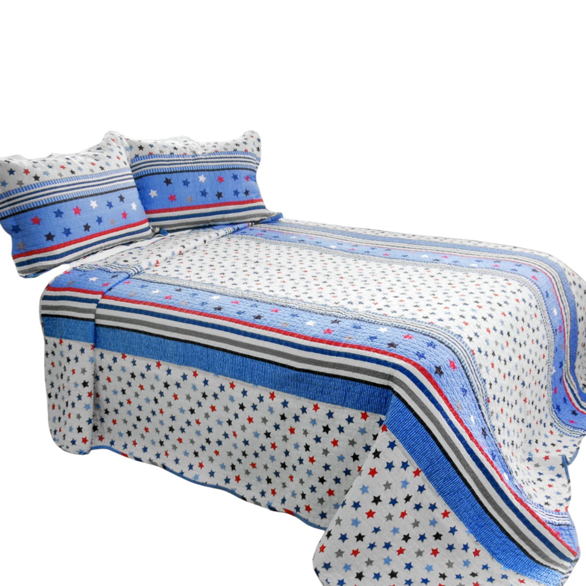 Slickblue D-BC-599 Printed Cotton 3-Piece Quilt Set – White and Blue Full/Queen Reversible Bedding - Soft 300-Thread-Count Machine-Washable Quilt for Bedroom Décor