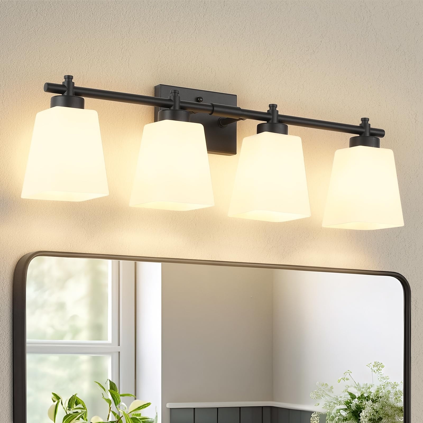 Oyezvary  4 Light 28 Inch Black Bathroom Vanity Light Fixture with E26 Base and Milk White Square Shades Modern Wall Sconce for Over Mirror 1 Piece