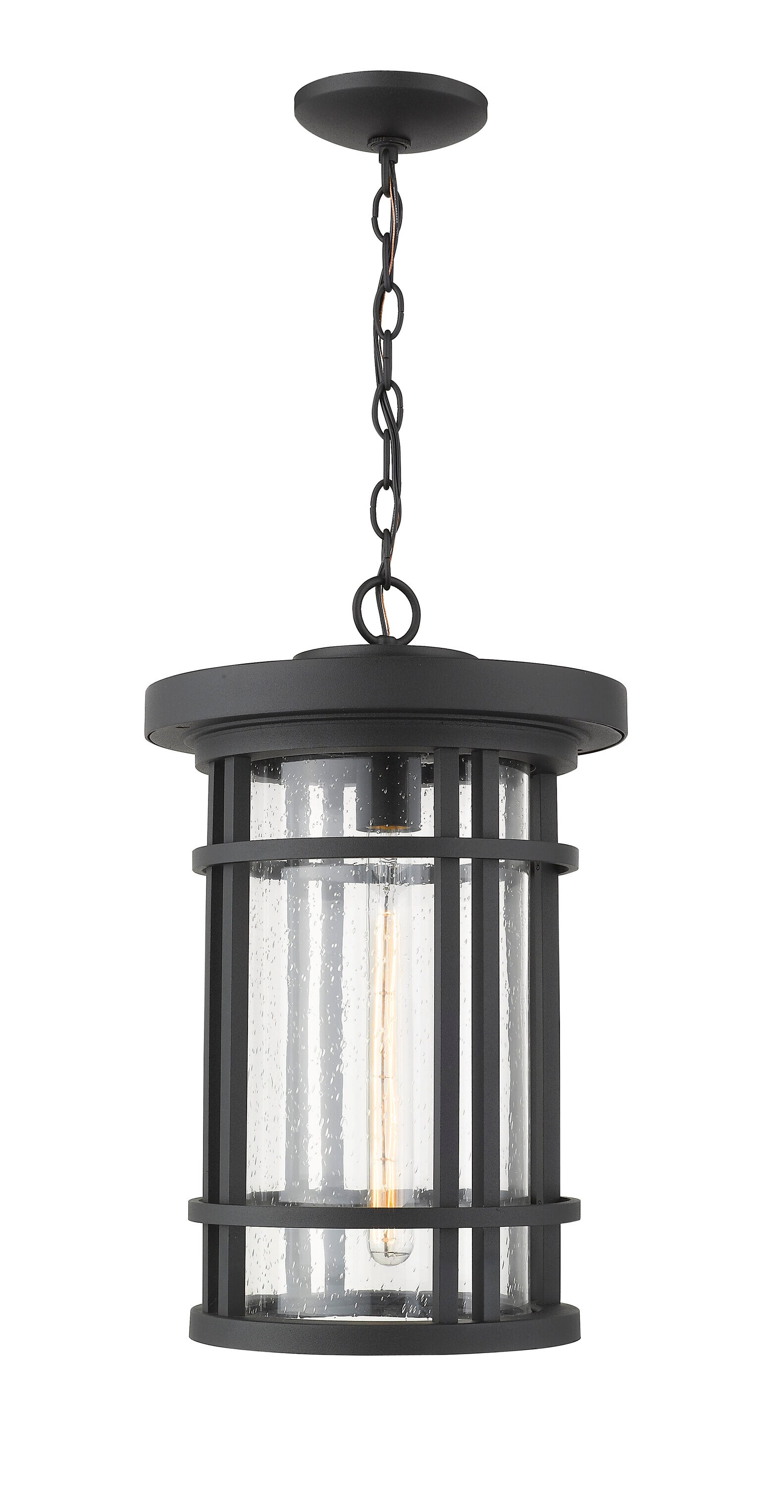 Z-Lite 570CHXL-BK Jordan Black Craftsman Seeded Glass Lantern Outdoor Hanging Pendant Light