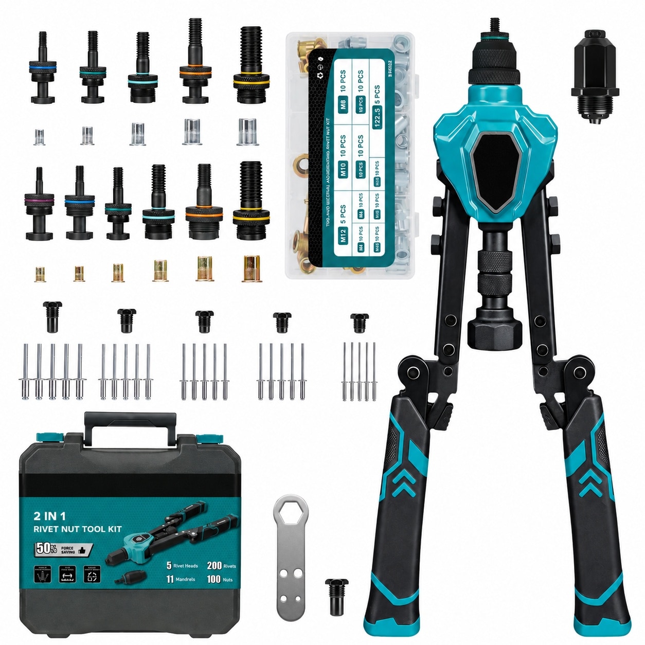 Etokfoks  1 Kit 2 in 1 Rivet Nut Tool and Rivet Gun Folding with 11 Mandrels Metric SAE 5 Nose Pieces 100 Nuts 200 Rivets