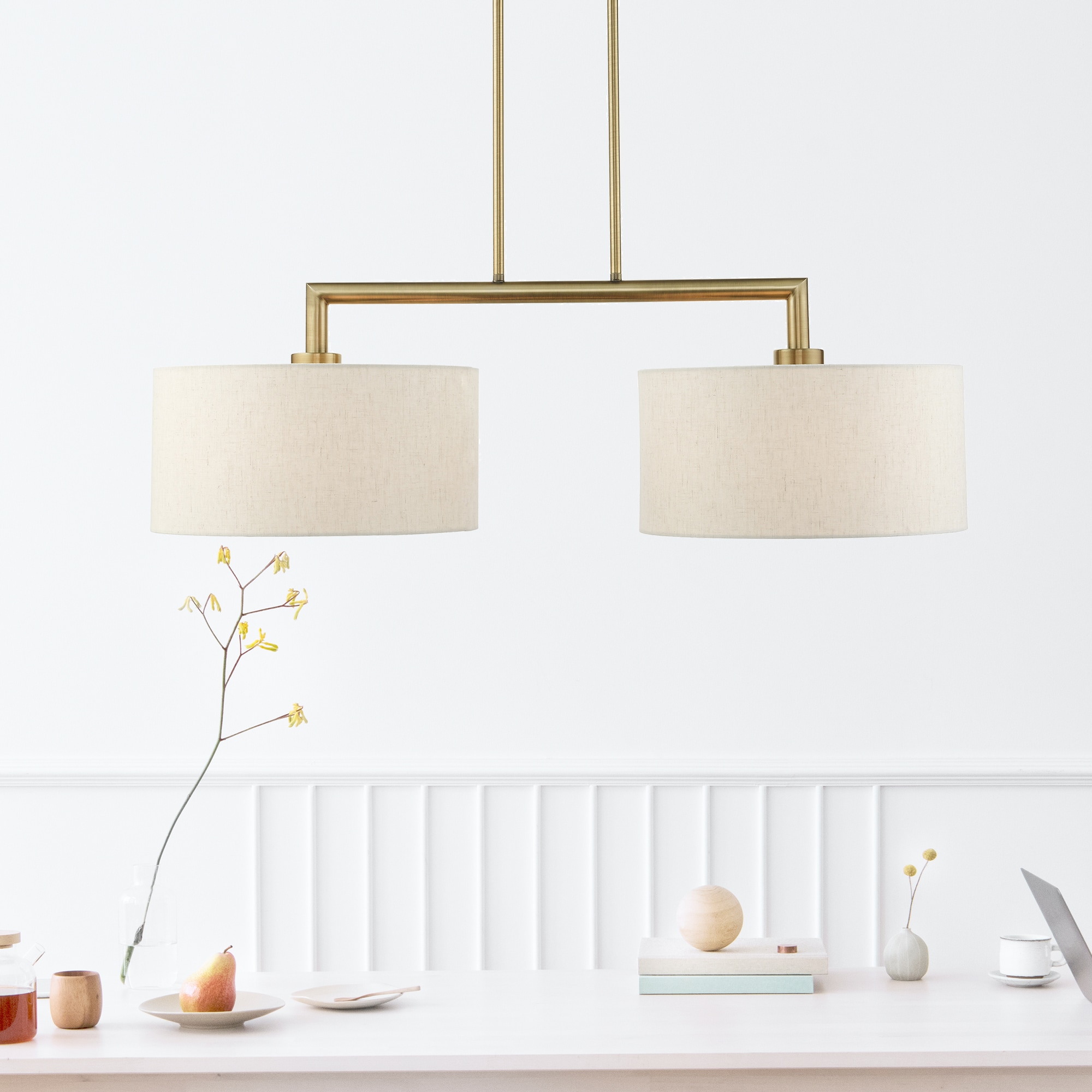 Antique Brass Dual-Light Linear Chandelier with Oatmeal Shades
