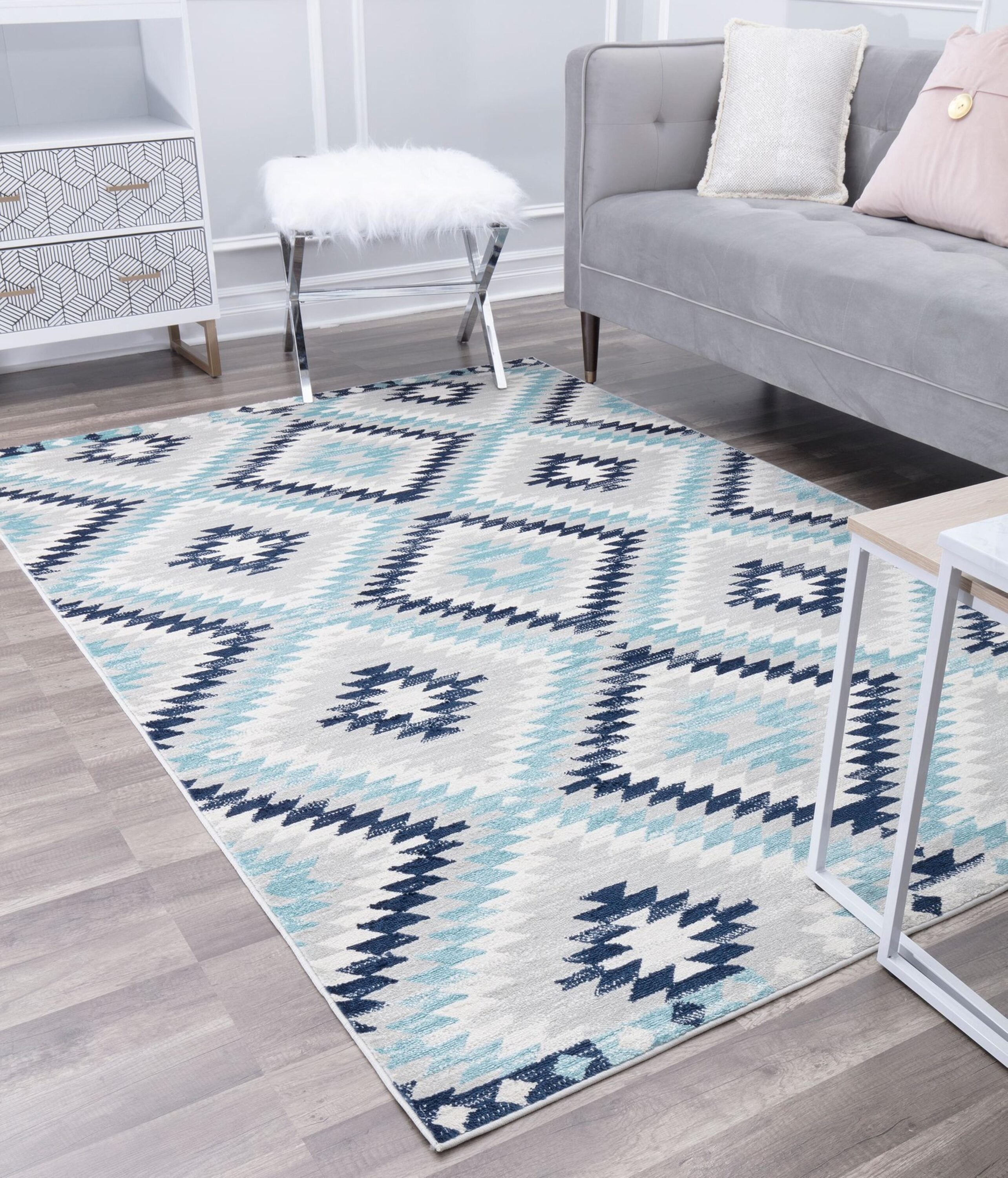 Ice Blue and Multicolor Synthetic Stain-Resistant Runner Rug