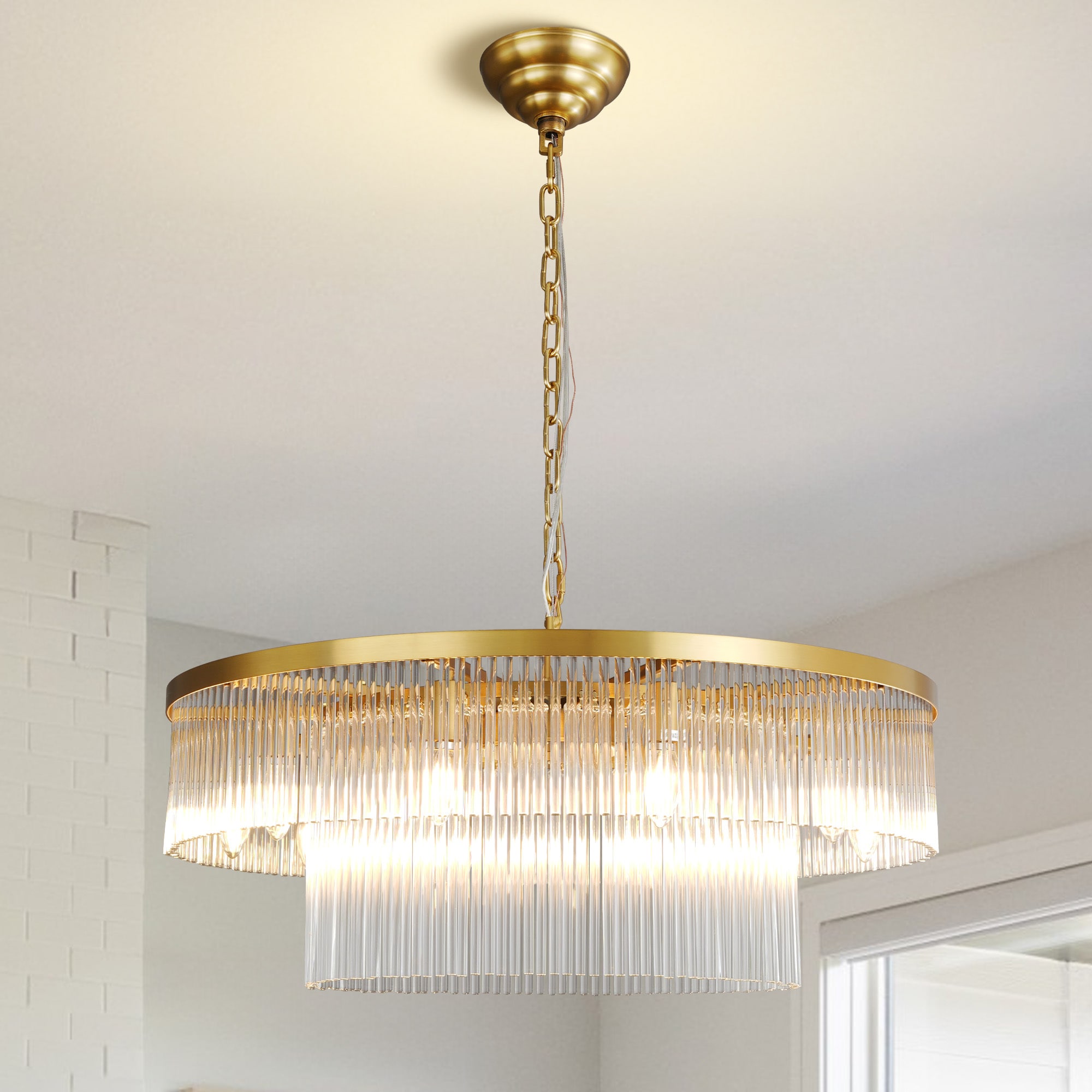 Kviflon 31.5 In Dual Round Drum Gold Glass Chandeliers For Dining Room Kitchen Island Foyer