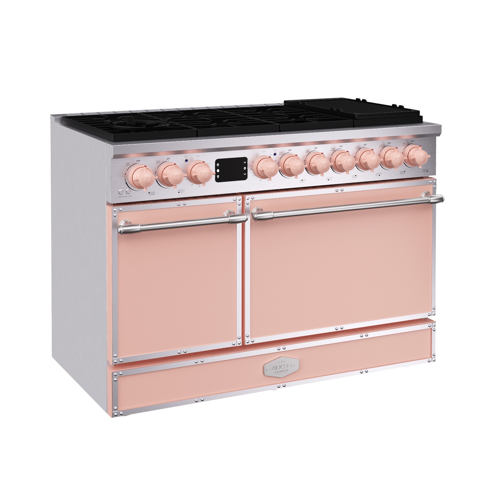 Akicon AK-G48N05A-LPSLPSB3 48-in 8 burners 4.2-cu ft / 2.5-cu ft Convection Oven Freestanding Dual Fuel Double Oven Gas Range ( Light Pink with Stainless Steel )