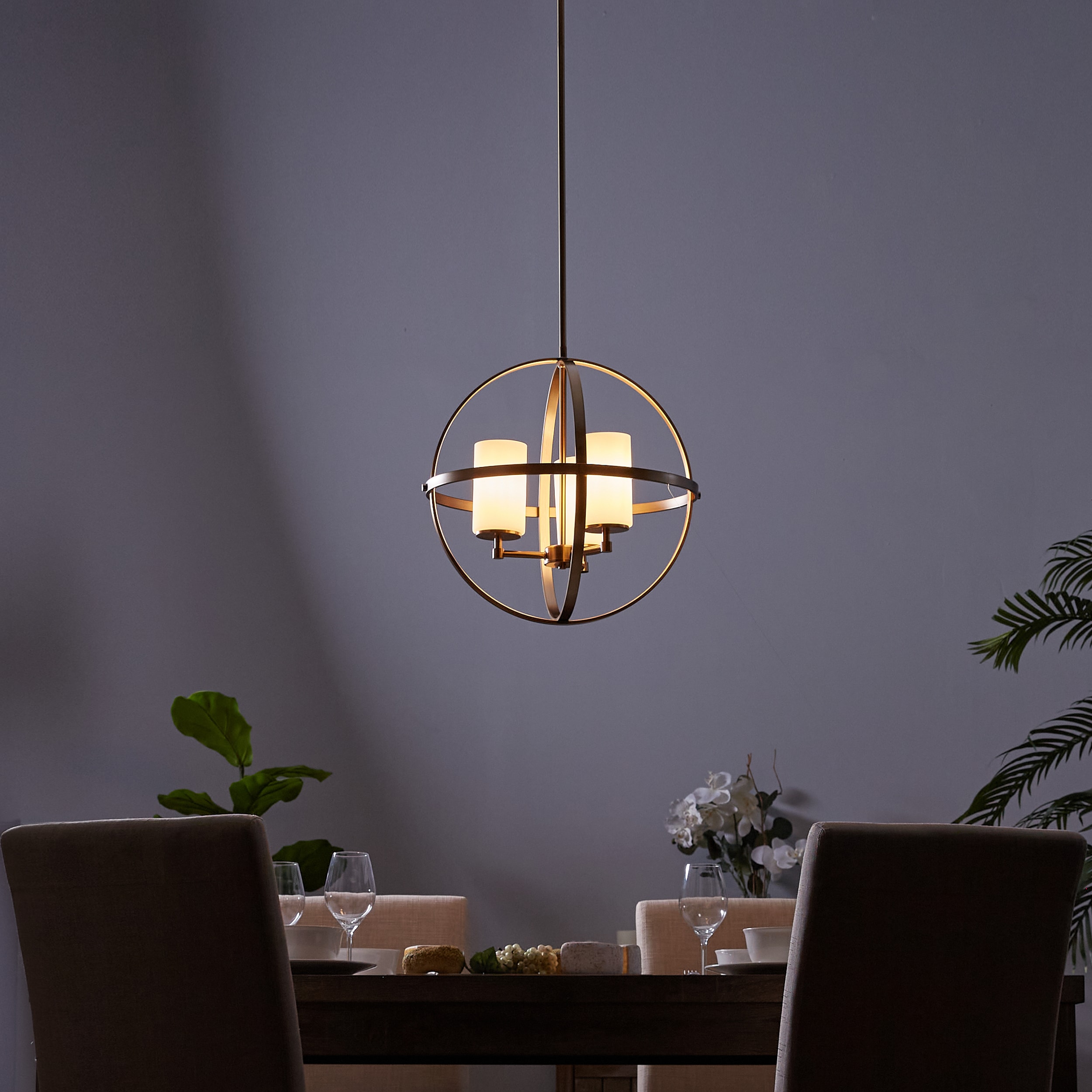 Satin Bronze Mini Cage Chandelier with Etched Glass Shades