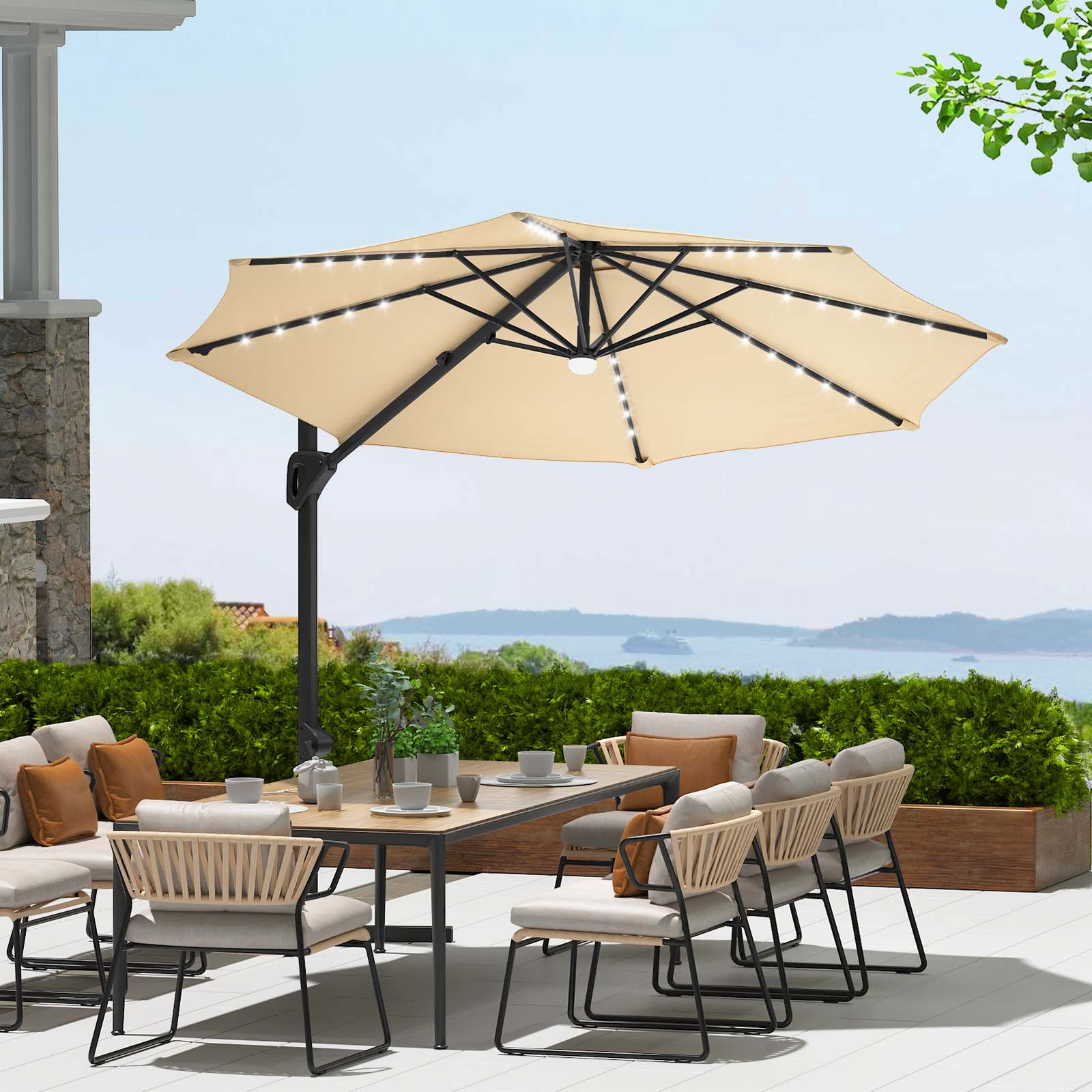 Qeetex SQY-PPG-335SVWR6 10 Ft Patio Umbrella Solar LED Cantilever Umbrella with LED Strips 360 Degree Rotatable and UV Protection Outdoor Roman Umbrella For Pool Patio Garden Beige